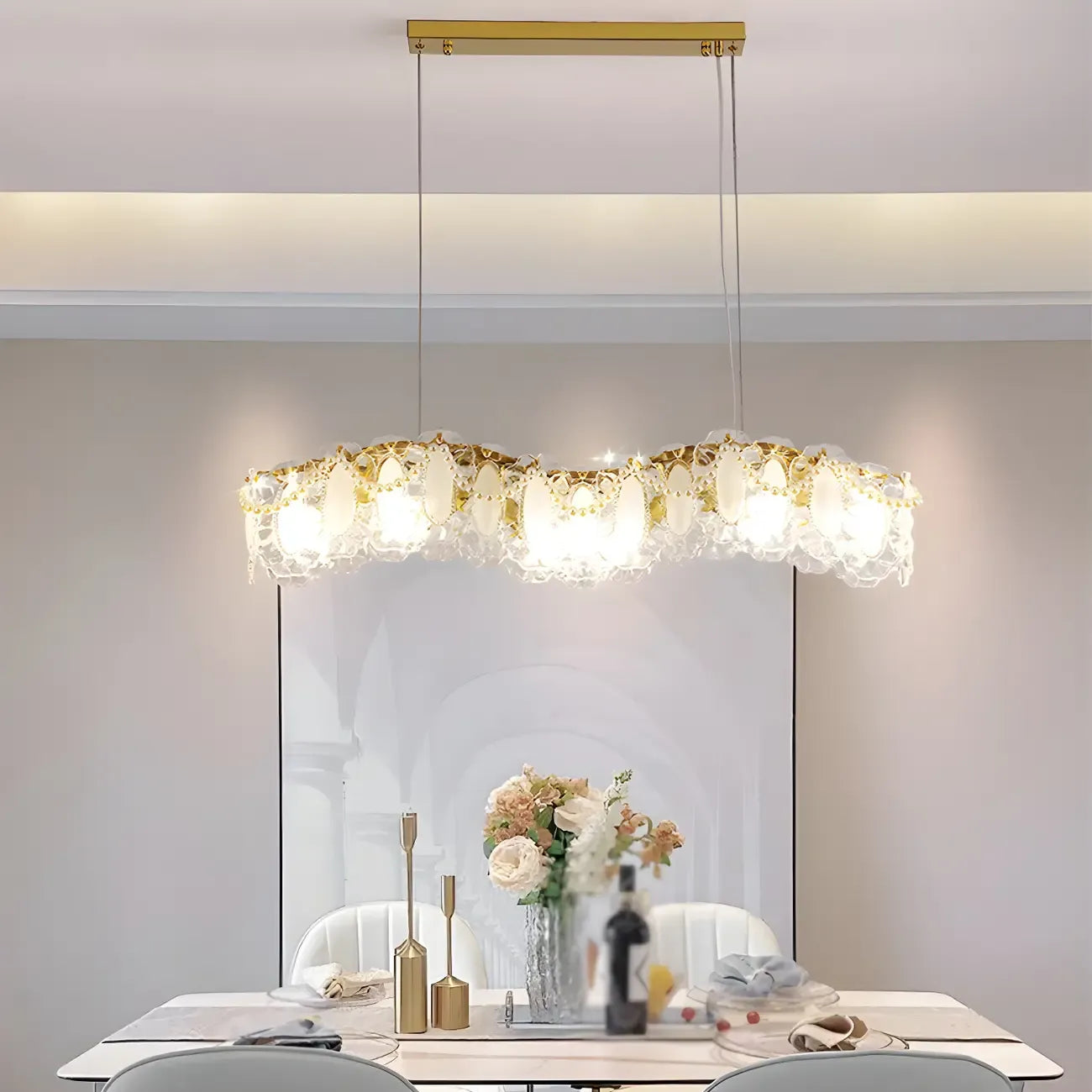Suspension géométrique en cristal clair pour îlot lumineux