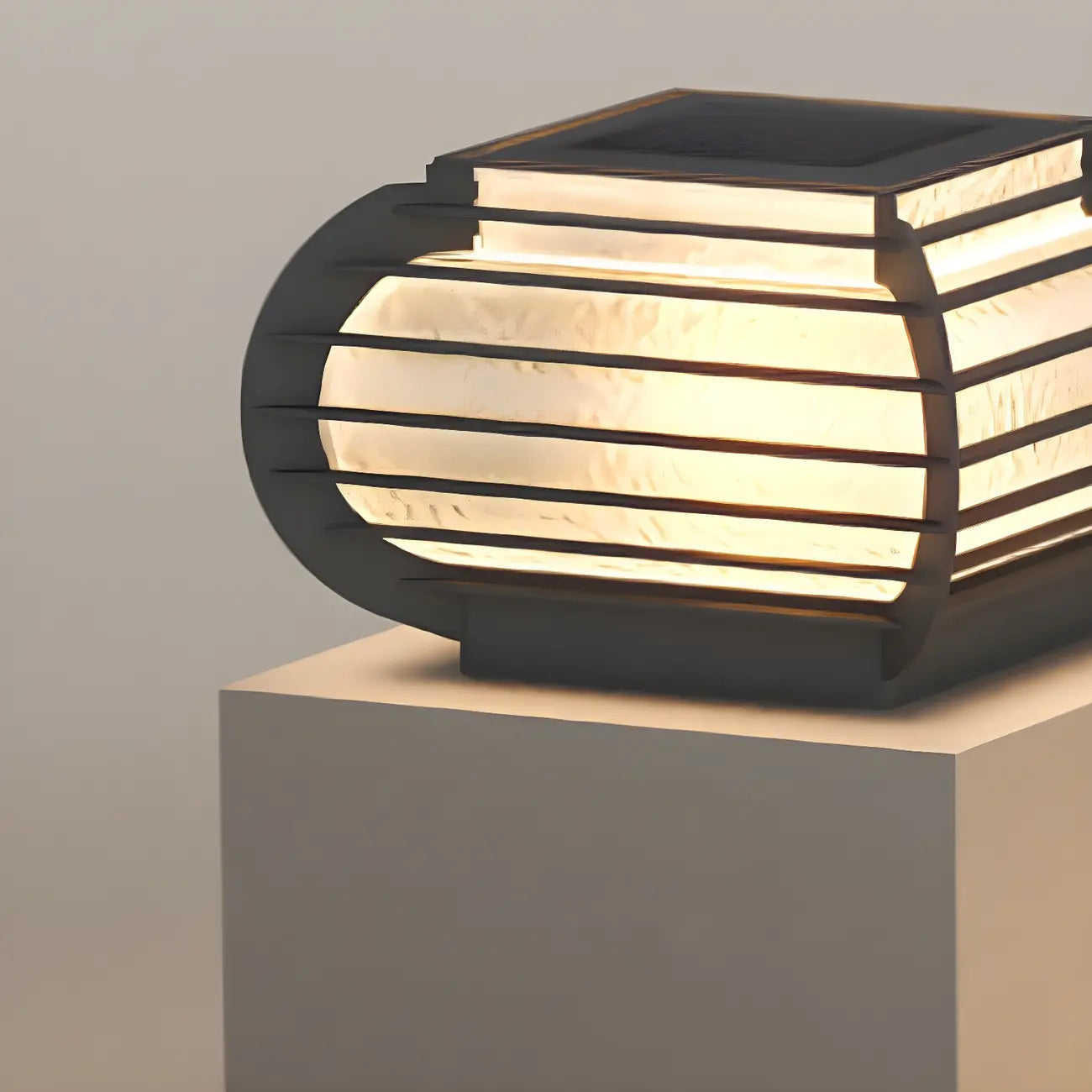 Poteau lumineux extérieur en métal en forme de tambour avec capuchon de protection pour grille.