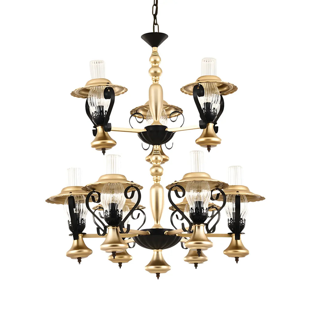 Lustre suspendu vintage en forme de lanterne dorée à 9 lumières, en verre côtelé transparent, avec un design à 2 niveaux.
