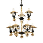 Lustre suspendu vintage en forme de lanterne dorée à 9 lumières, en verre côtelé transparent, avec un design à 2 niveaux.