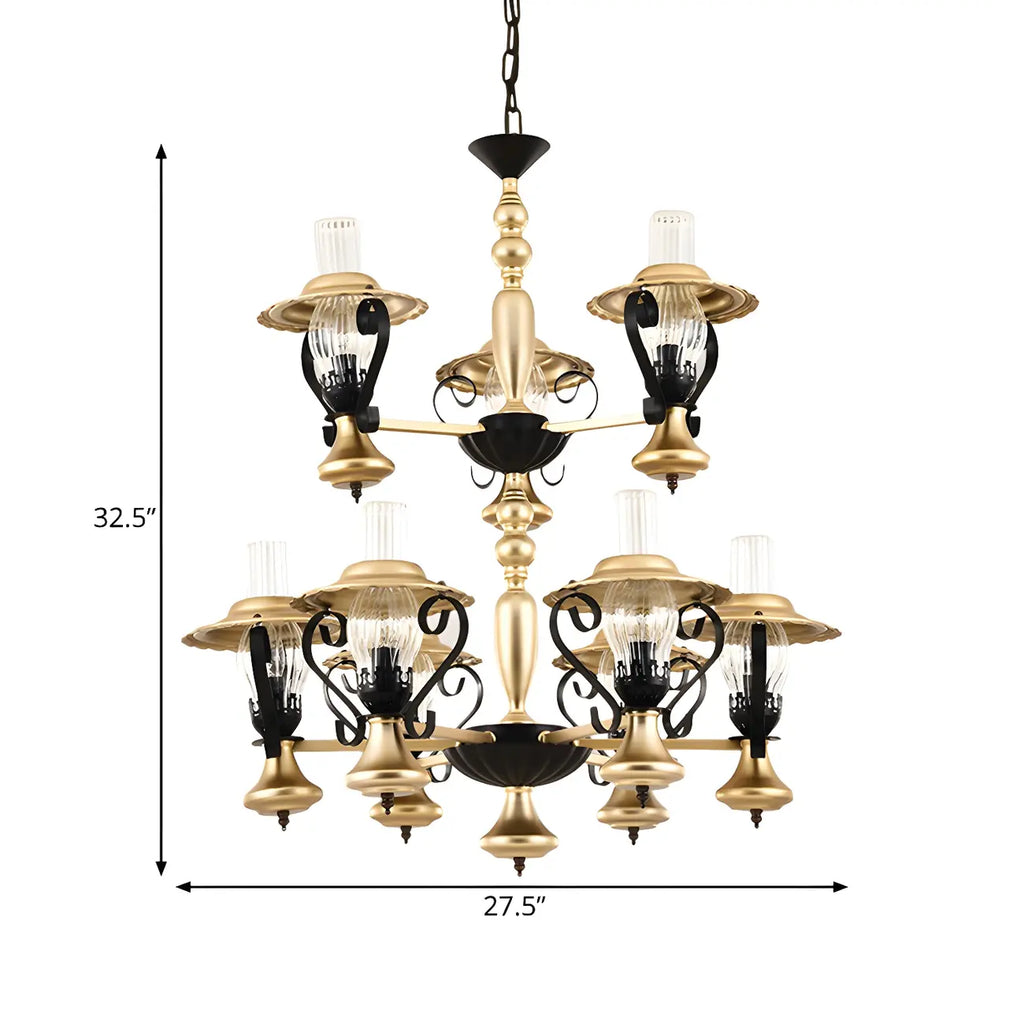 Lustre suspendu vintage en forme de lanterne dorée à 9 lumières, en verre côtelé transparent, avec un design à 2 niveaux.