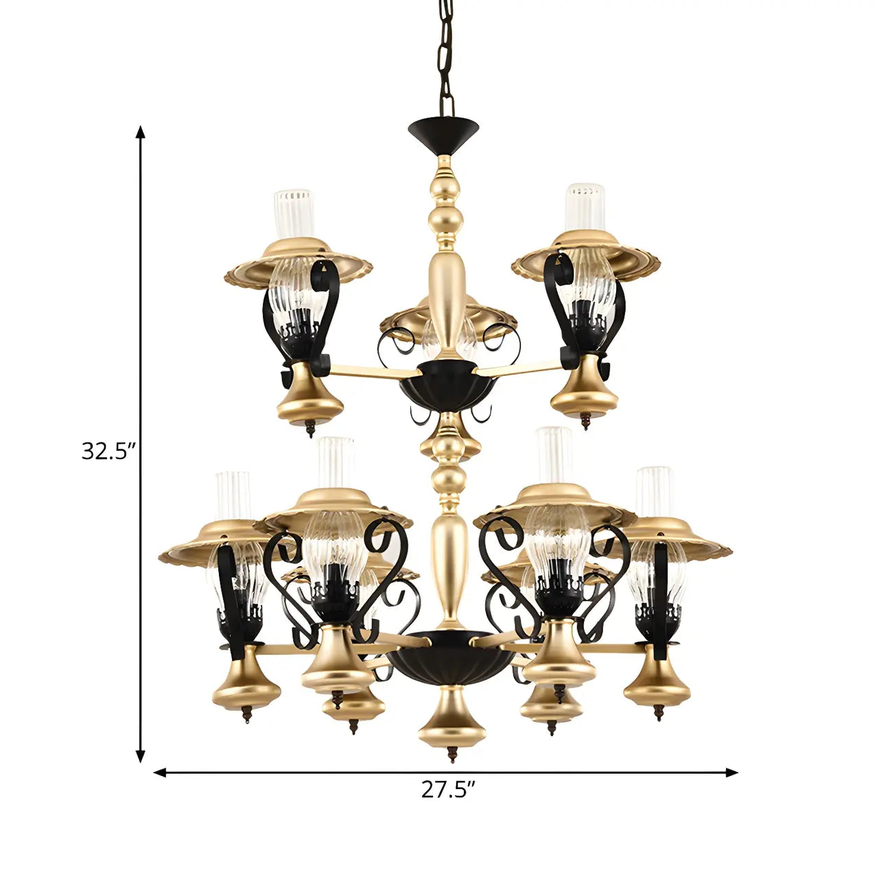 Lustre suspendu vintage en forme de lanterne dorée à 9 lumières, en verre côtelé transparent, avec un design à 2 niveaux.