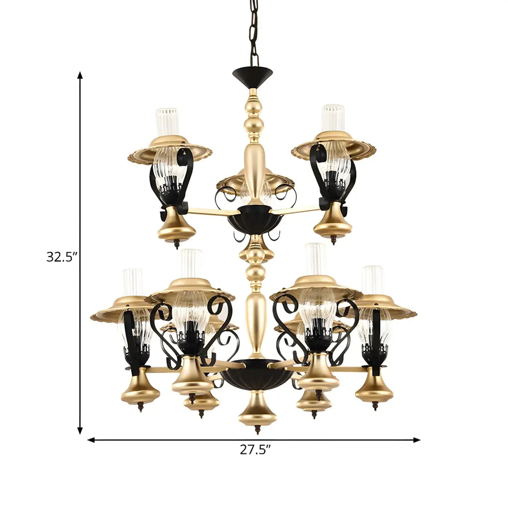 Lustre suspendu vintage en forme de lanterne dorée à 9 lumières, en verre côtelé transparent, avec un design à 2 niveaux.