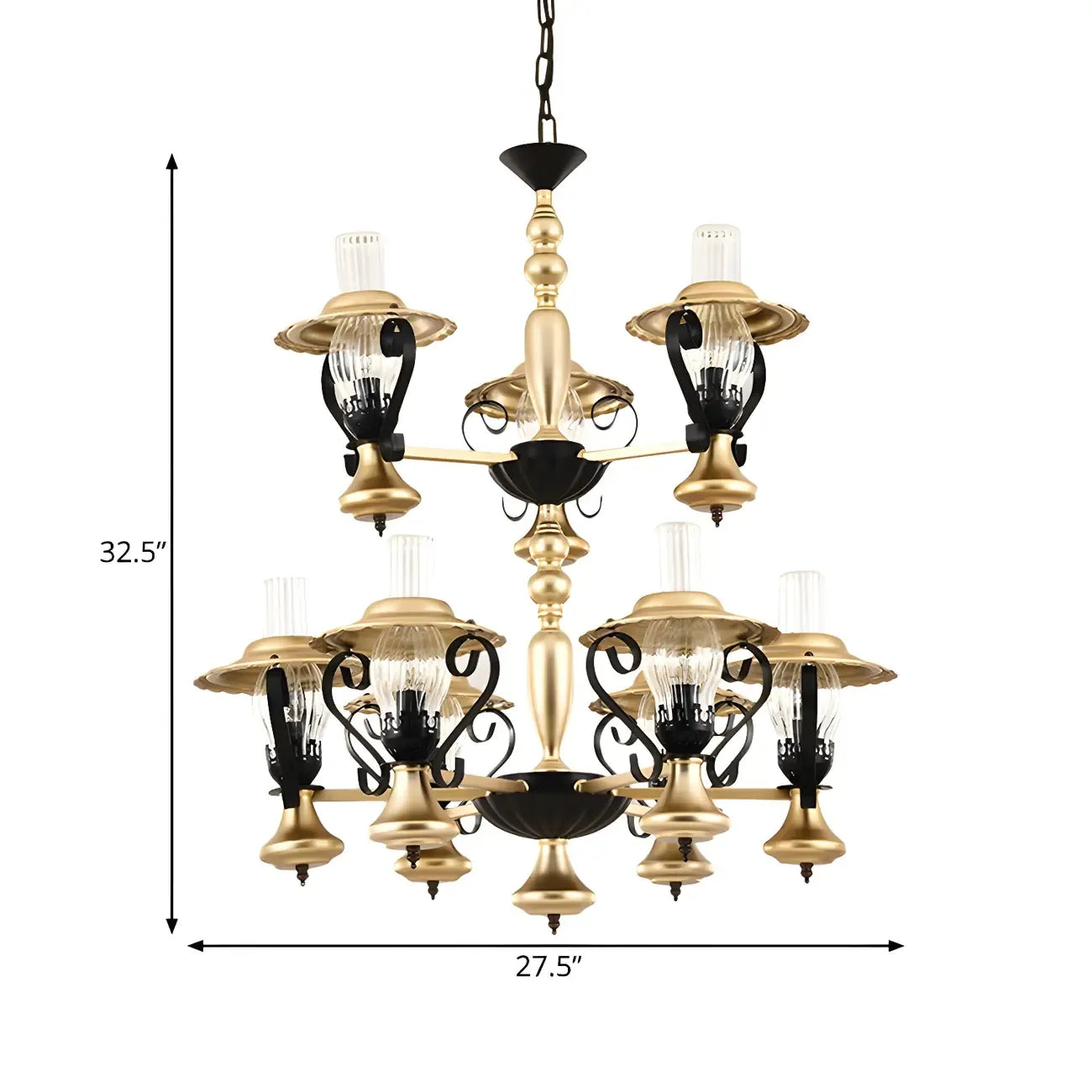 Lustre suspendu vintage en forme de lanterne dorée à 9 lumières, en verre côtelé transparent, avec un design à 2 niveaux.