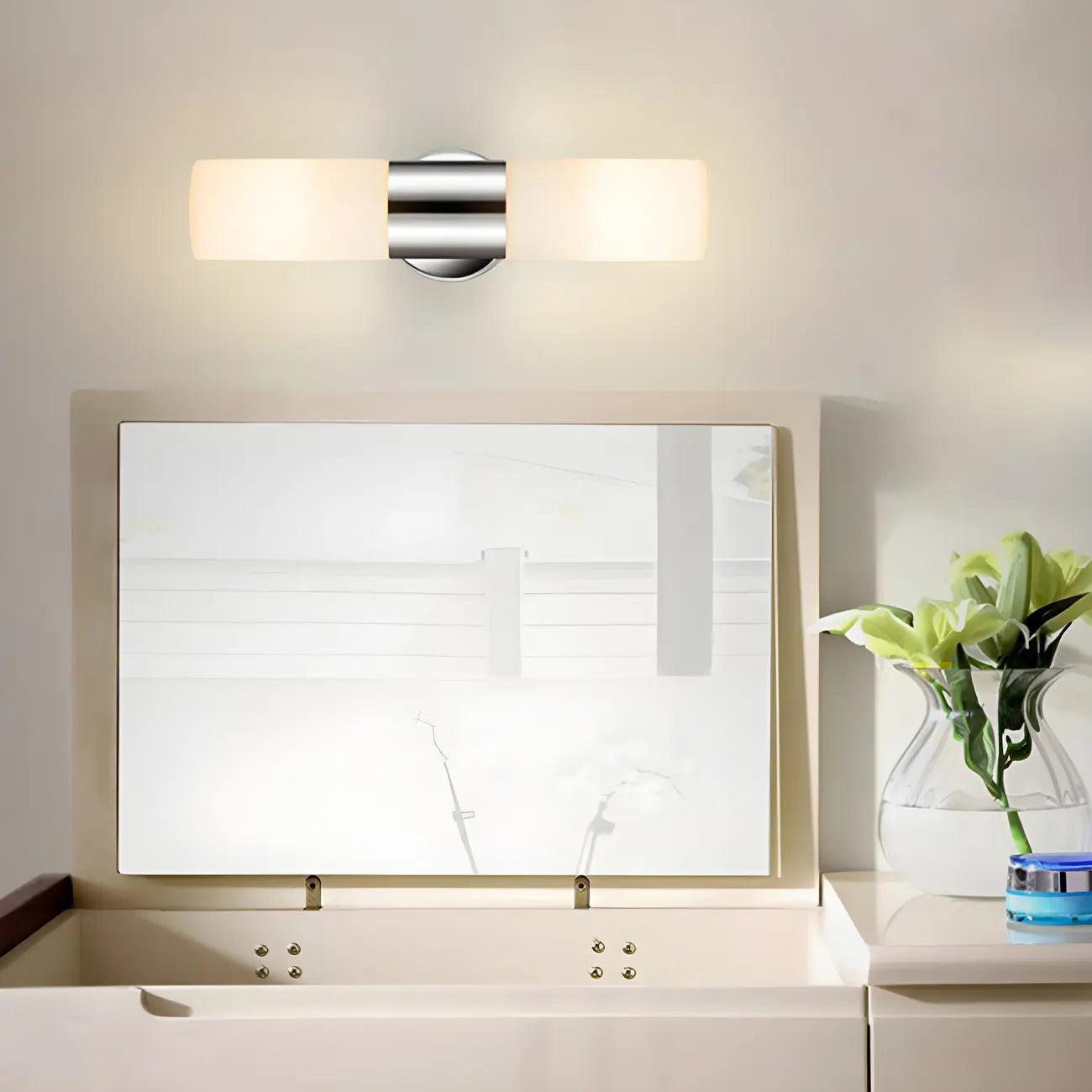 Applique murale double cylindrique moderne en verre argenté pour salle de bain