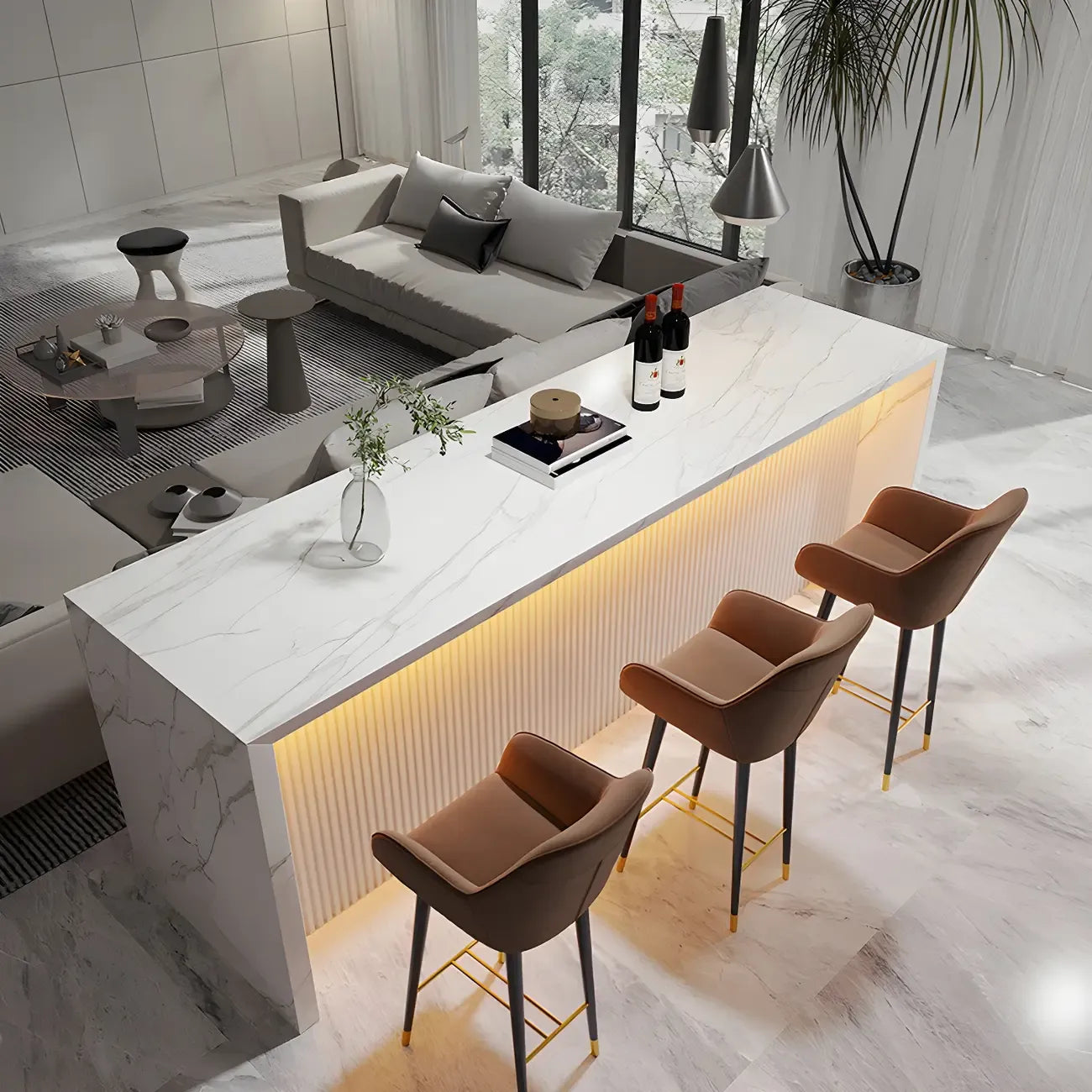 Table de bar moderne à hauteur de comptoir en marbre blanc et LED