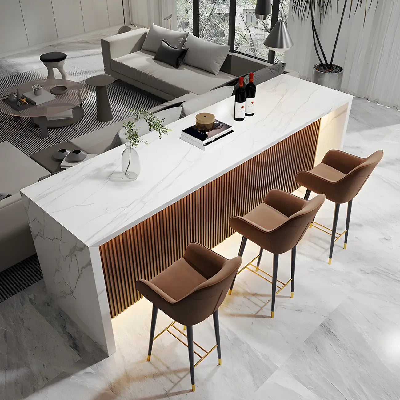 Table de bar moderne à hauteur de comptoir en marbre blanc et LED