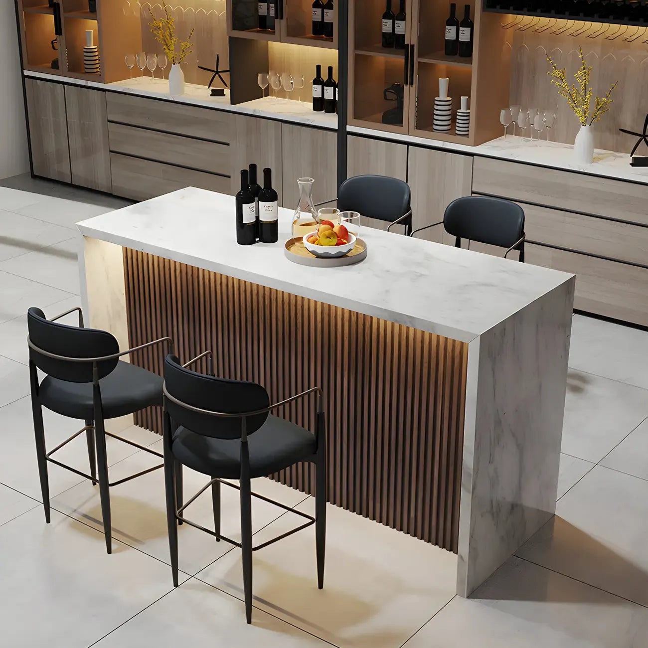Table de bar moderne à hauteur de comptoir en marbre blanc et LED