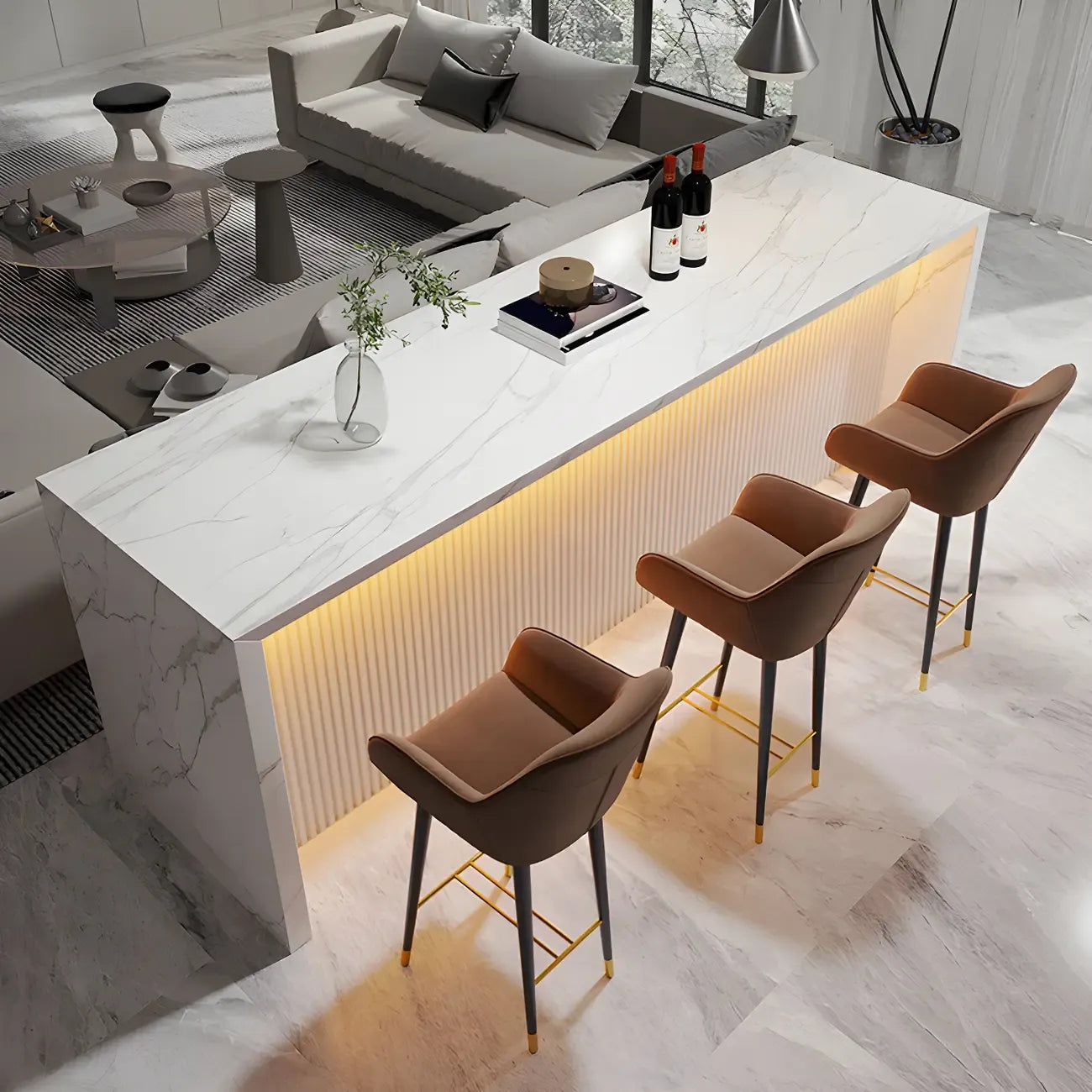 Table de bar moderne à hauteur de comptoir en marbre blanc et LED