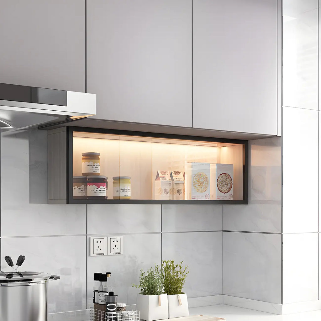 Cuisine, applique murale en bois noir, éclairage LED court, vaisselier