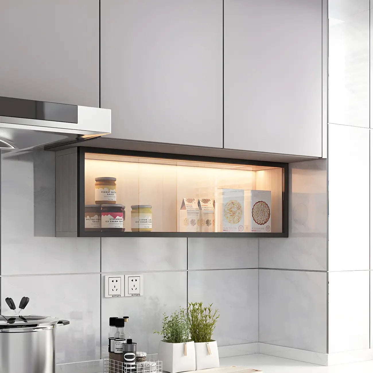 Cuisine, applique murale en bois noir, éclairage LED court, vaisselier