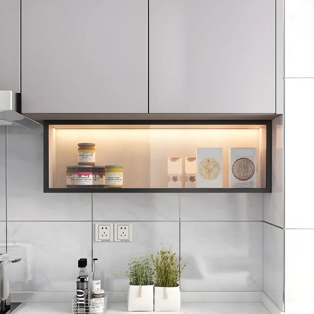 Cuisine, applique murale en bois noir, éclairage LED court, vaisselier
