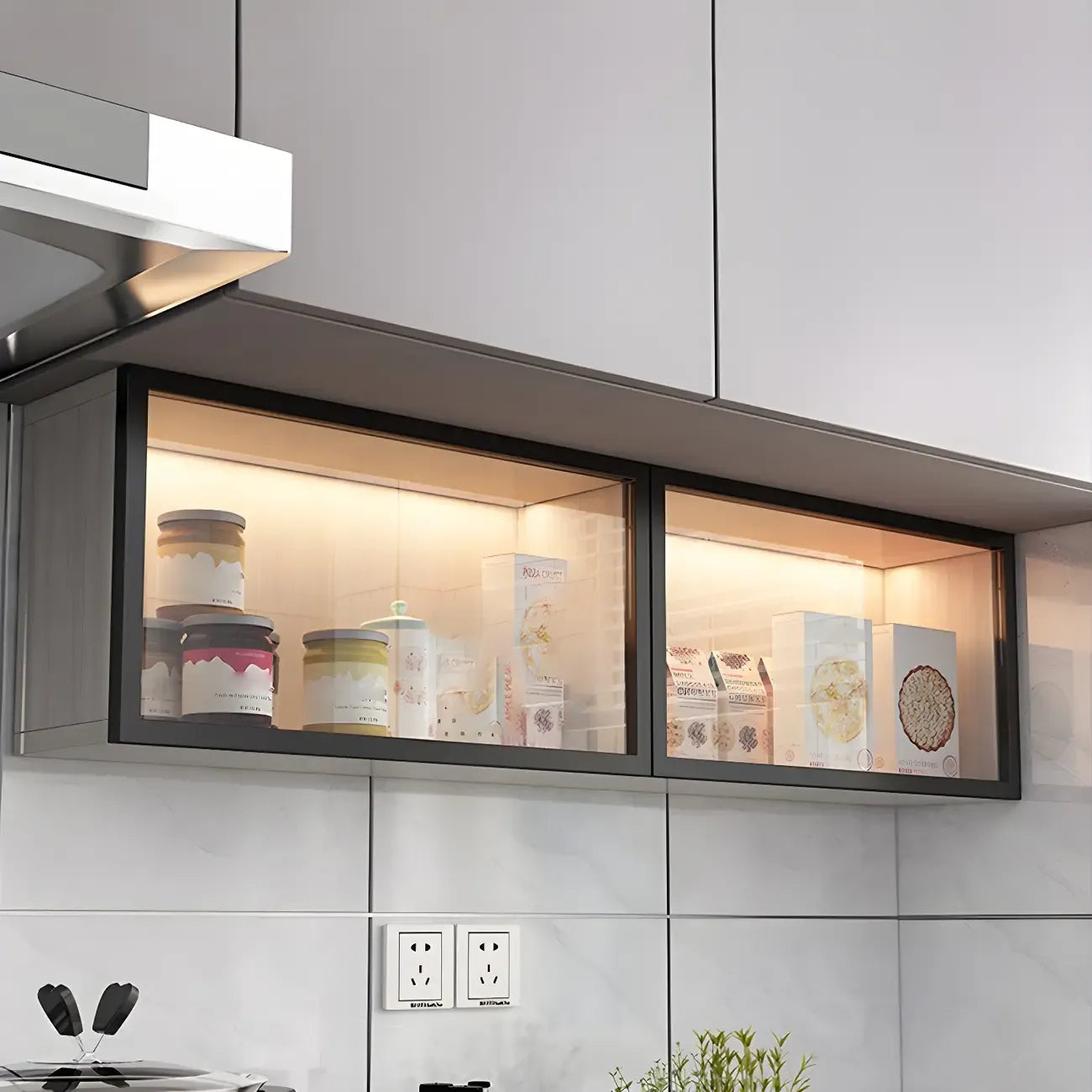 Cuisine, applique murale en bois noir, éclairage LED court, vaisselier