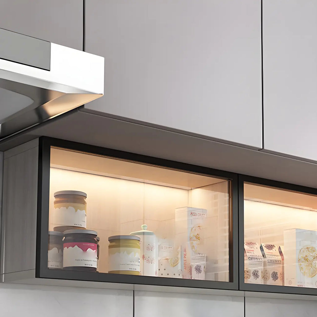 Cuisine, applique murale en bois noir, éclairage LED court, vaisselier