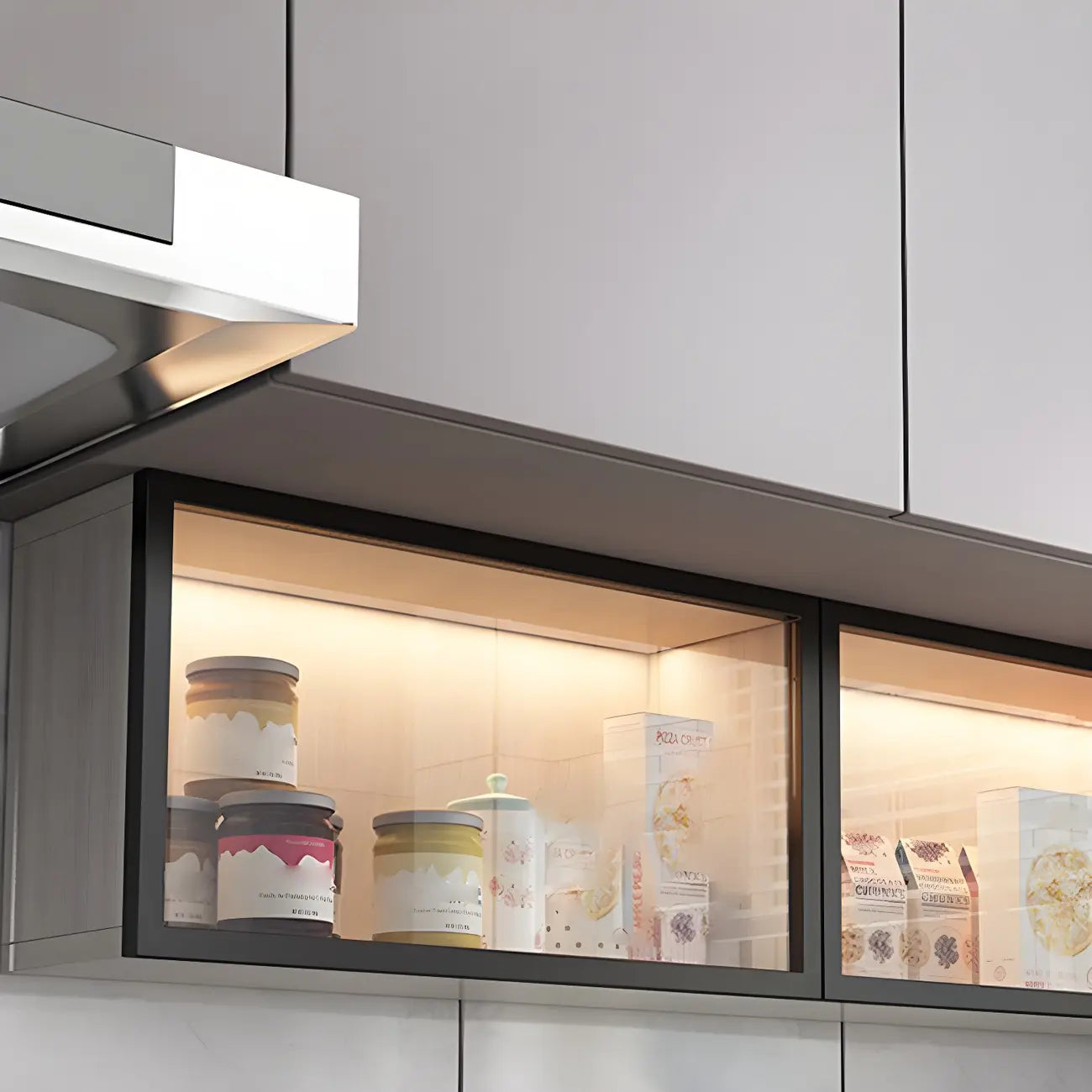 Cuisine, applique murale en bois noir, éclairage LED court, vaisselier