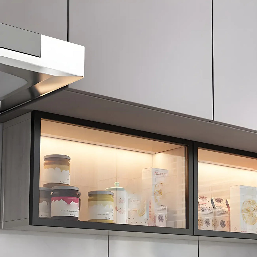 Cuisine, applique murale en bois noir, éclairage LED court, vaisselier