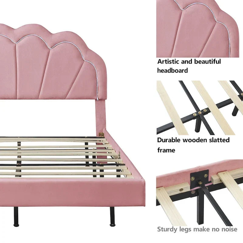 Ensemble de chambre 2 pièces avec lit plateforme LED et pouf de rangement