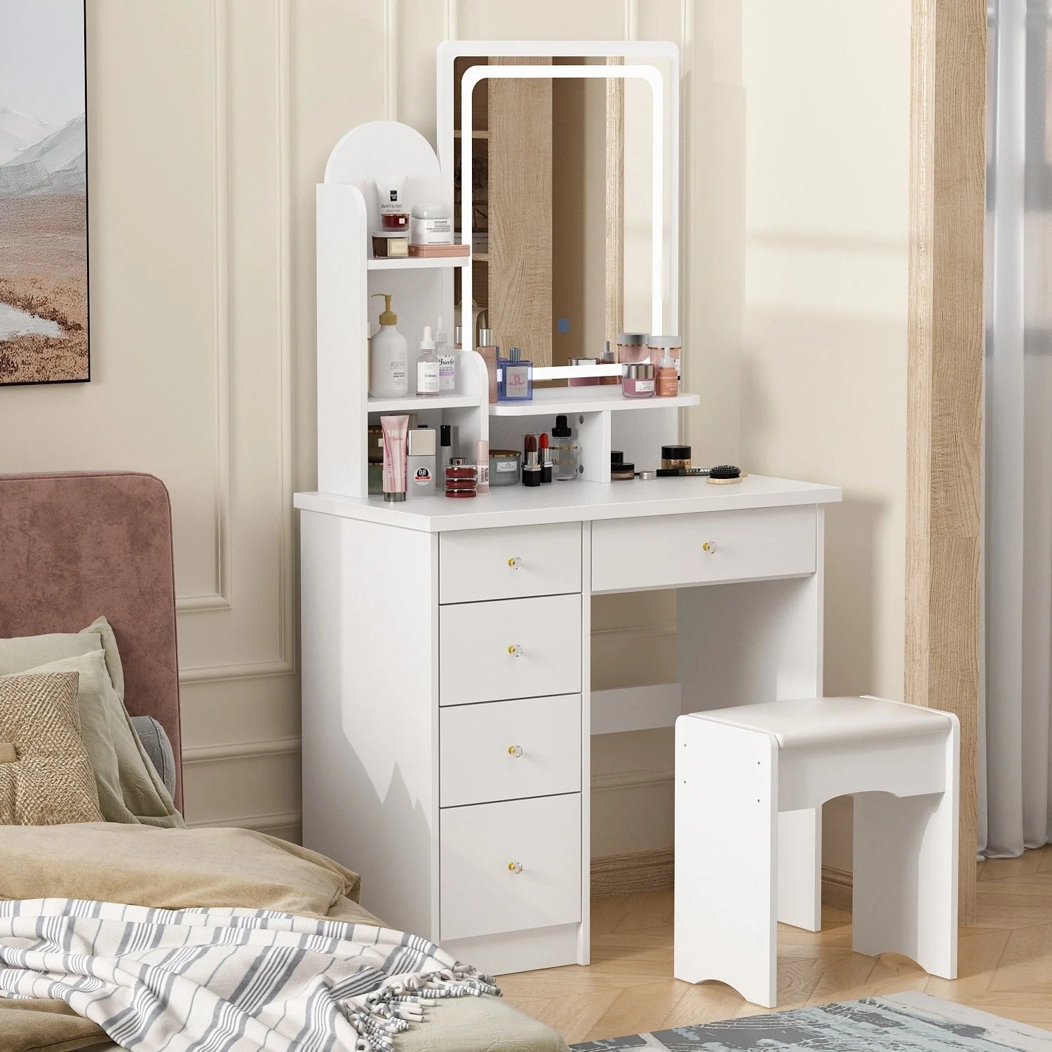 Ensemble coiffeuse avec lumière LED, miroir et tabouret