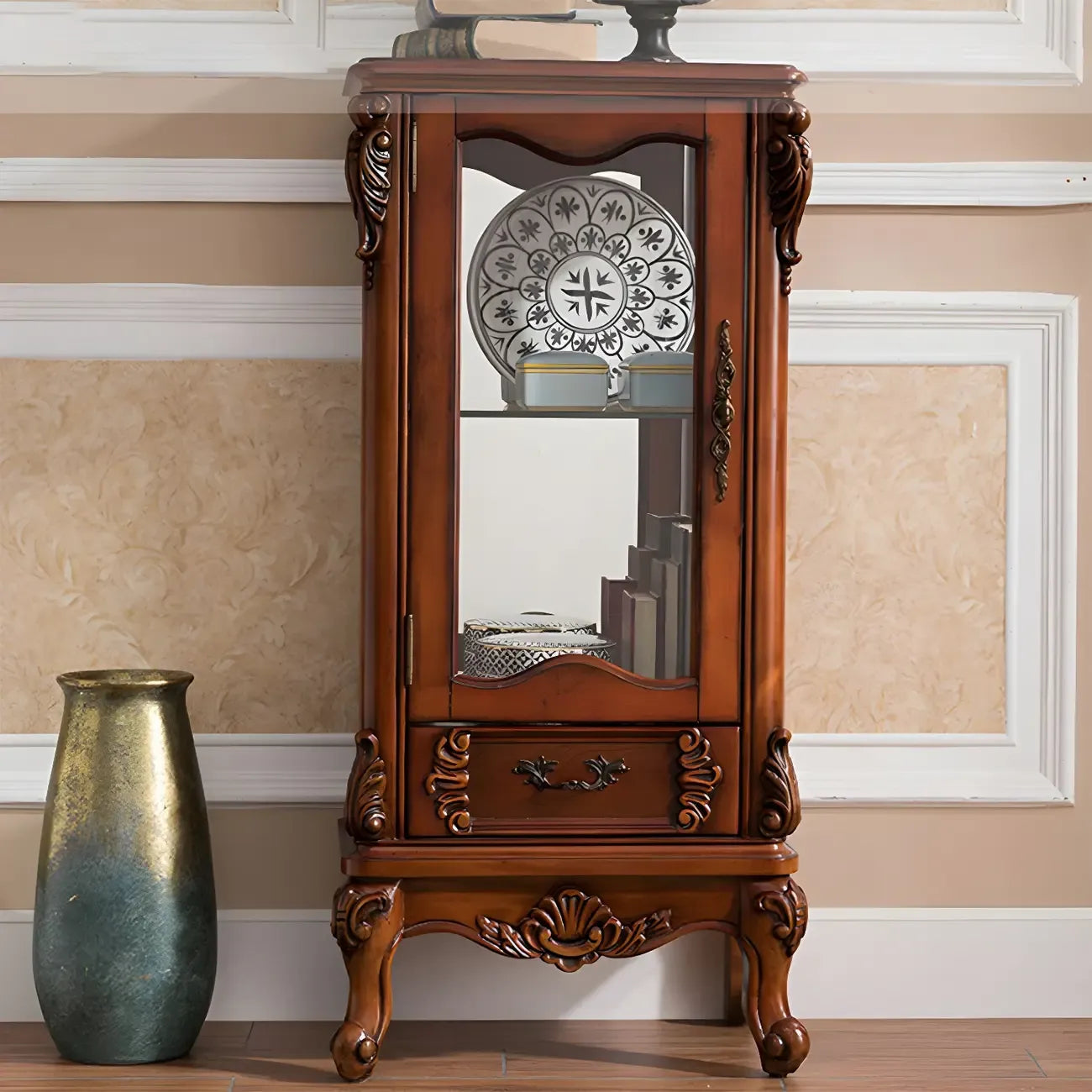 Vitrine classique en bois blanc avec porte en verre et tiroir