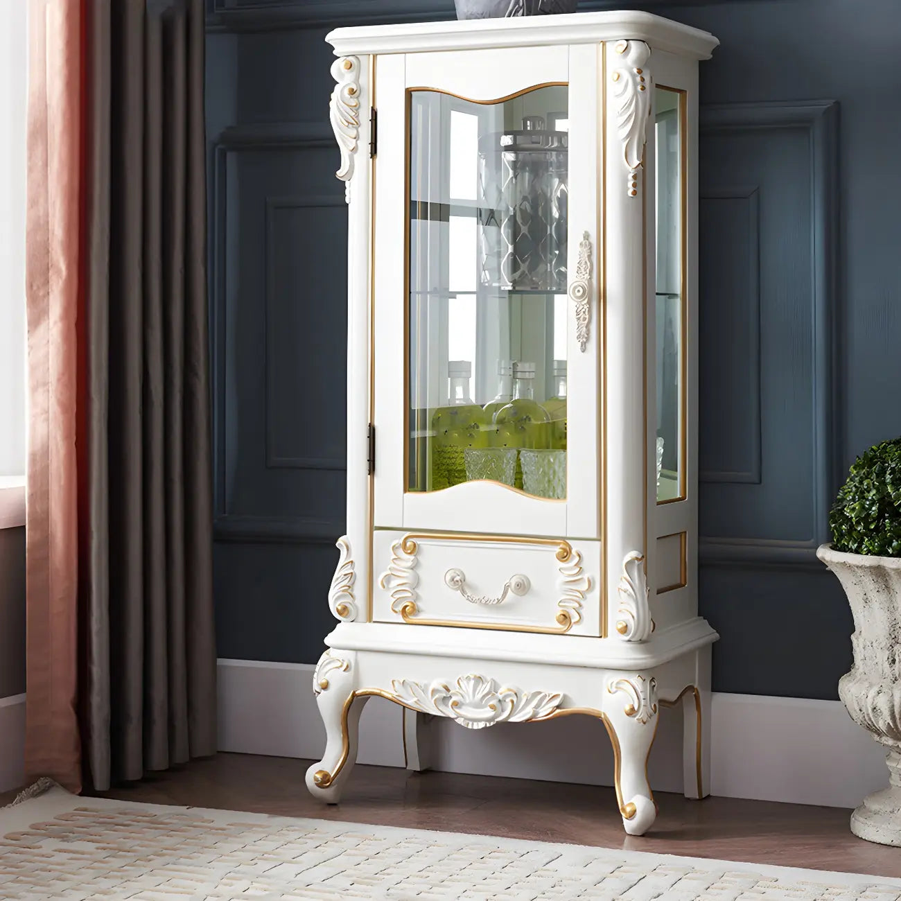 Vitrine classique en bois blanc avec porte en verre et tiroir
