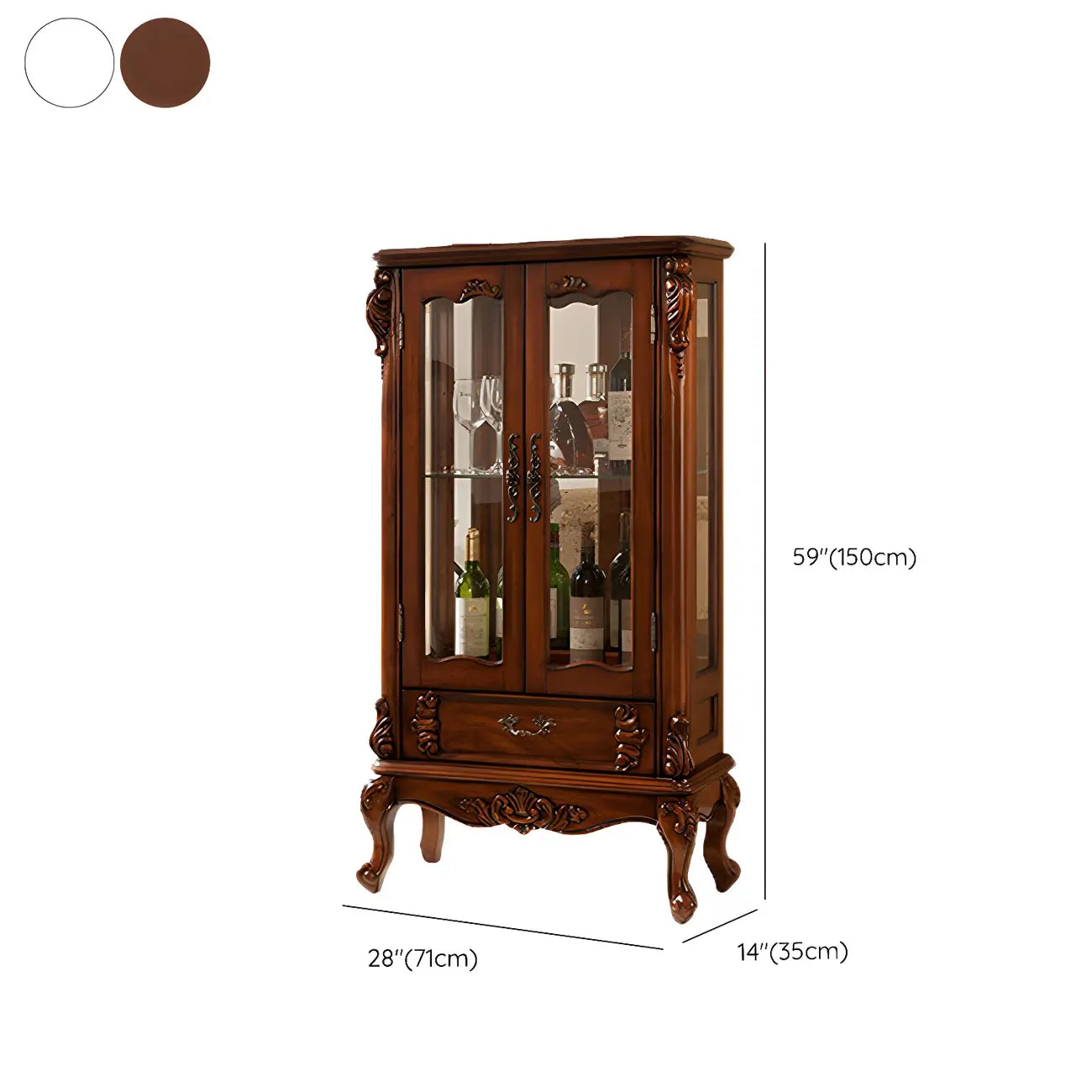 Vitrine classique en bois blanc avec porte en verre et tiroir