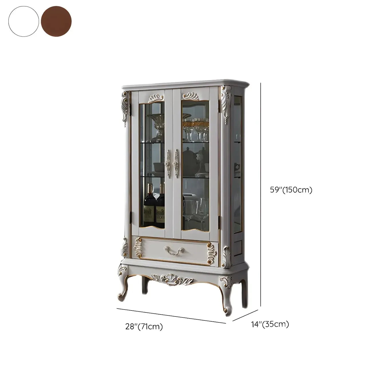 Vitrine classique en bois blanc avec porte en verre et tiroir