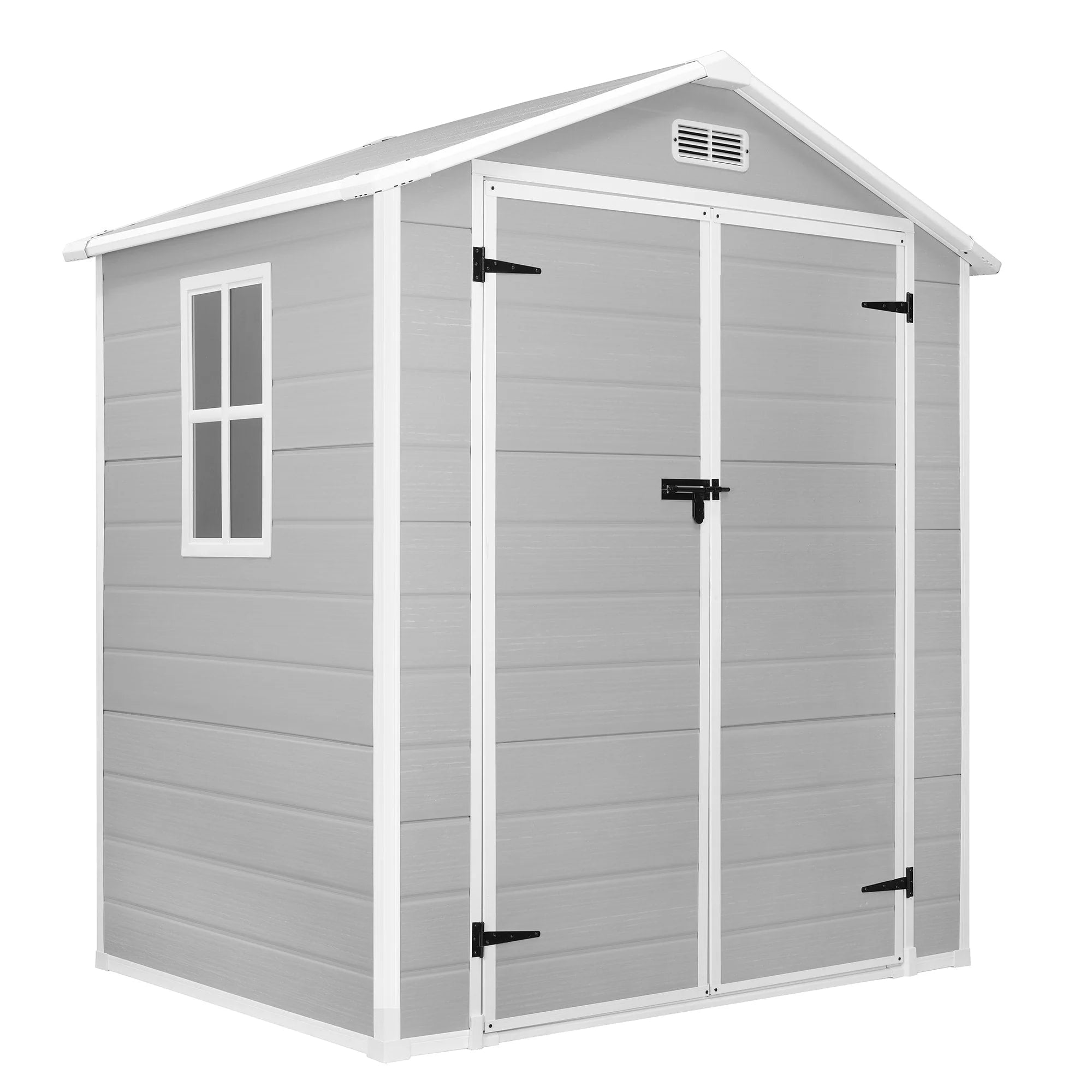 Abri de jardin en résine plastique tout temps avec plancher, dimensions : 1,83 m x 1,22 m / 1,83 m x 2,44 m / 2,44 m x 1,83 m / 2,44 m x 3,05 m.