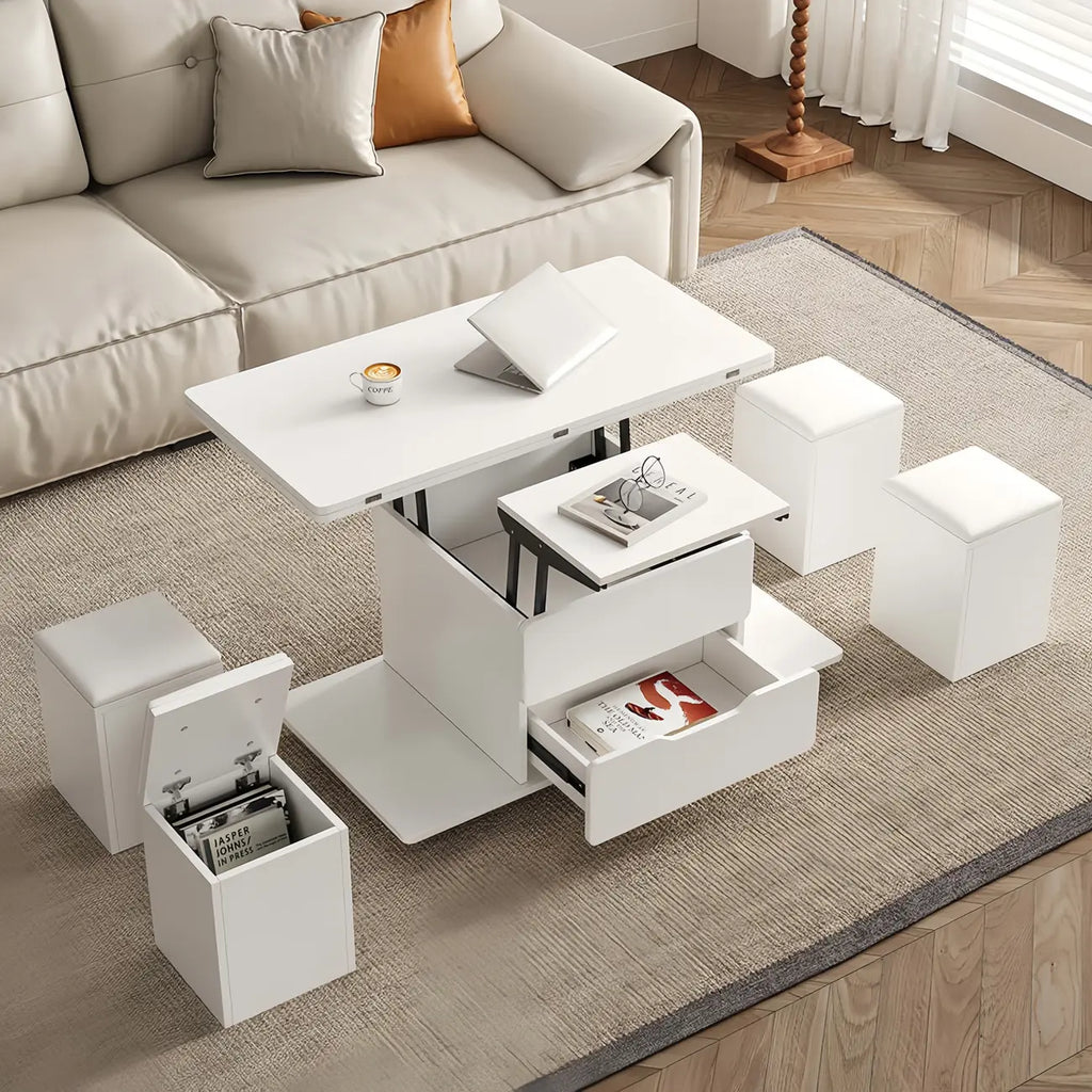 Table basse pliable à plateau relevable avec 4 tabourets et rangement