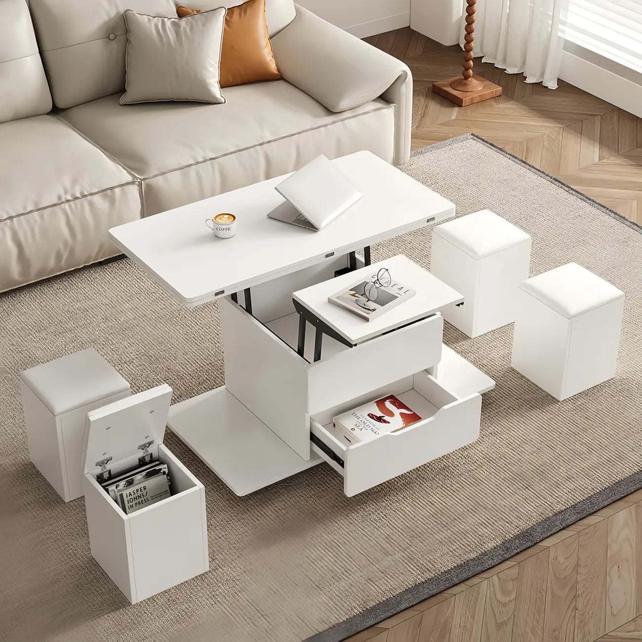 Table basse pliable à plateau relevable avec 4 tabourets et rangement