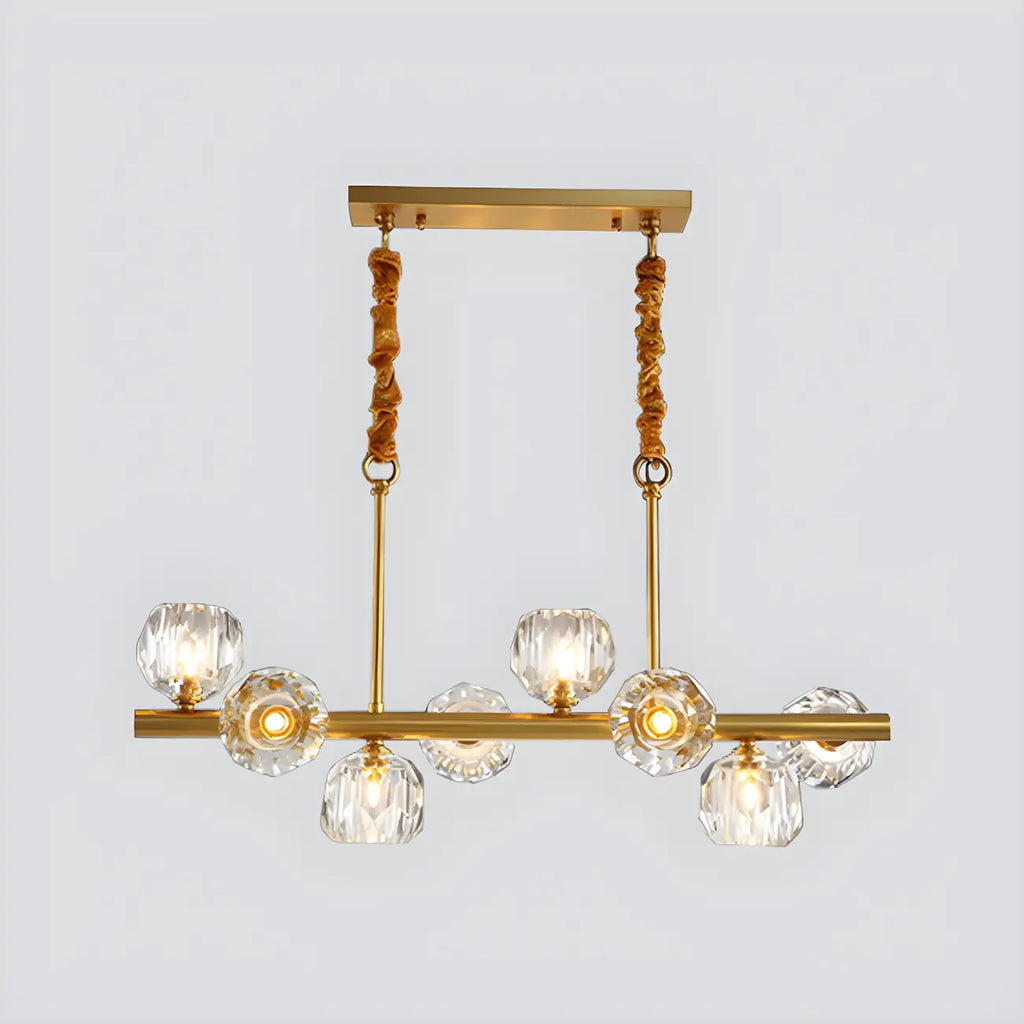 Grande suspension linéaire en métal et cristal doré pour cuisine