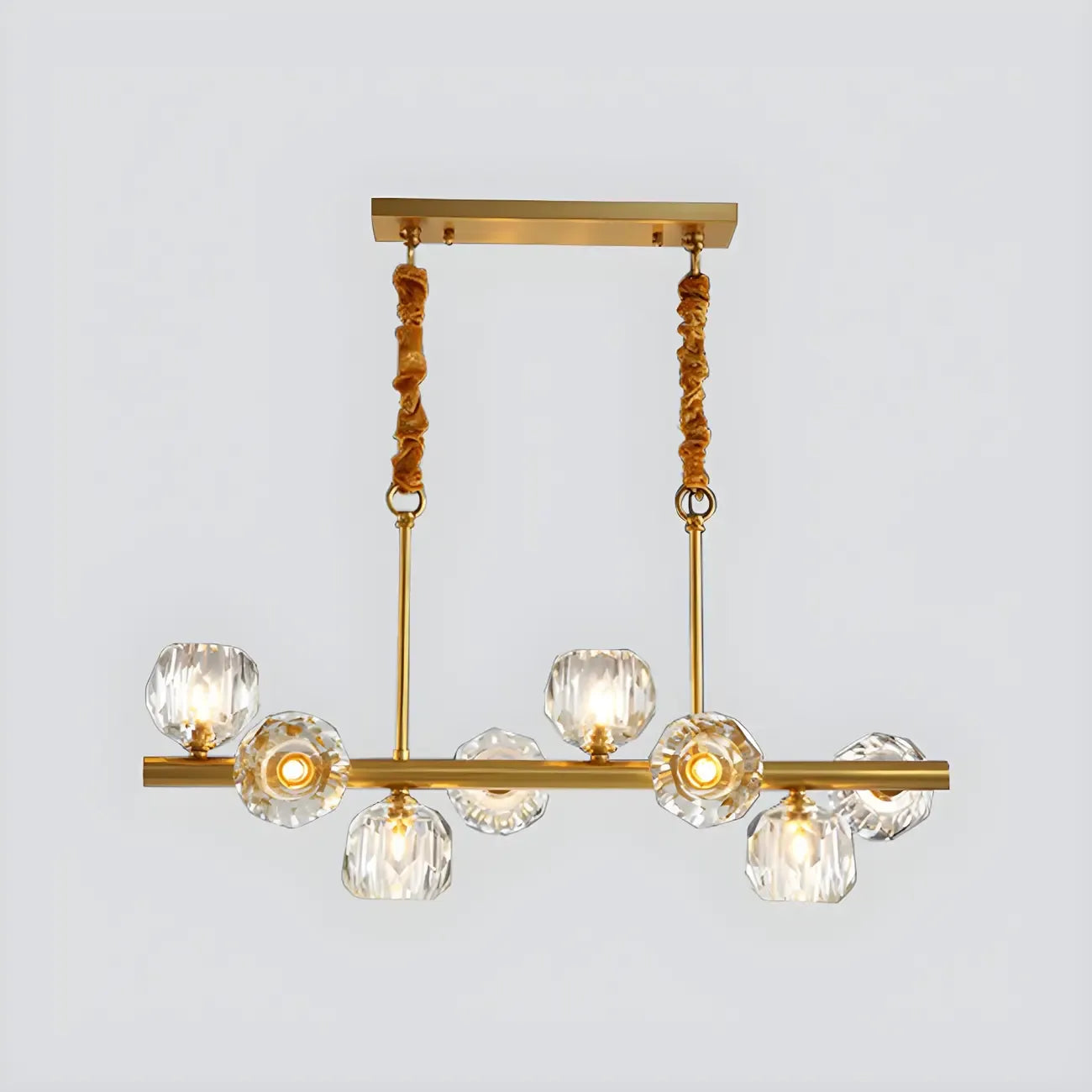 Grande suspension linéaire en métal et cristal doré pour cuisine