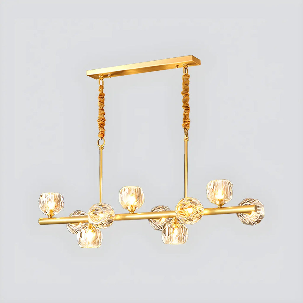 Grande suspension linéaire en métal et cristal doré pour cuisine