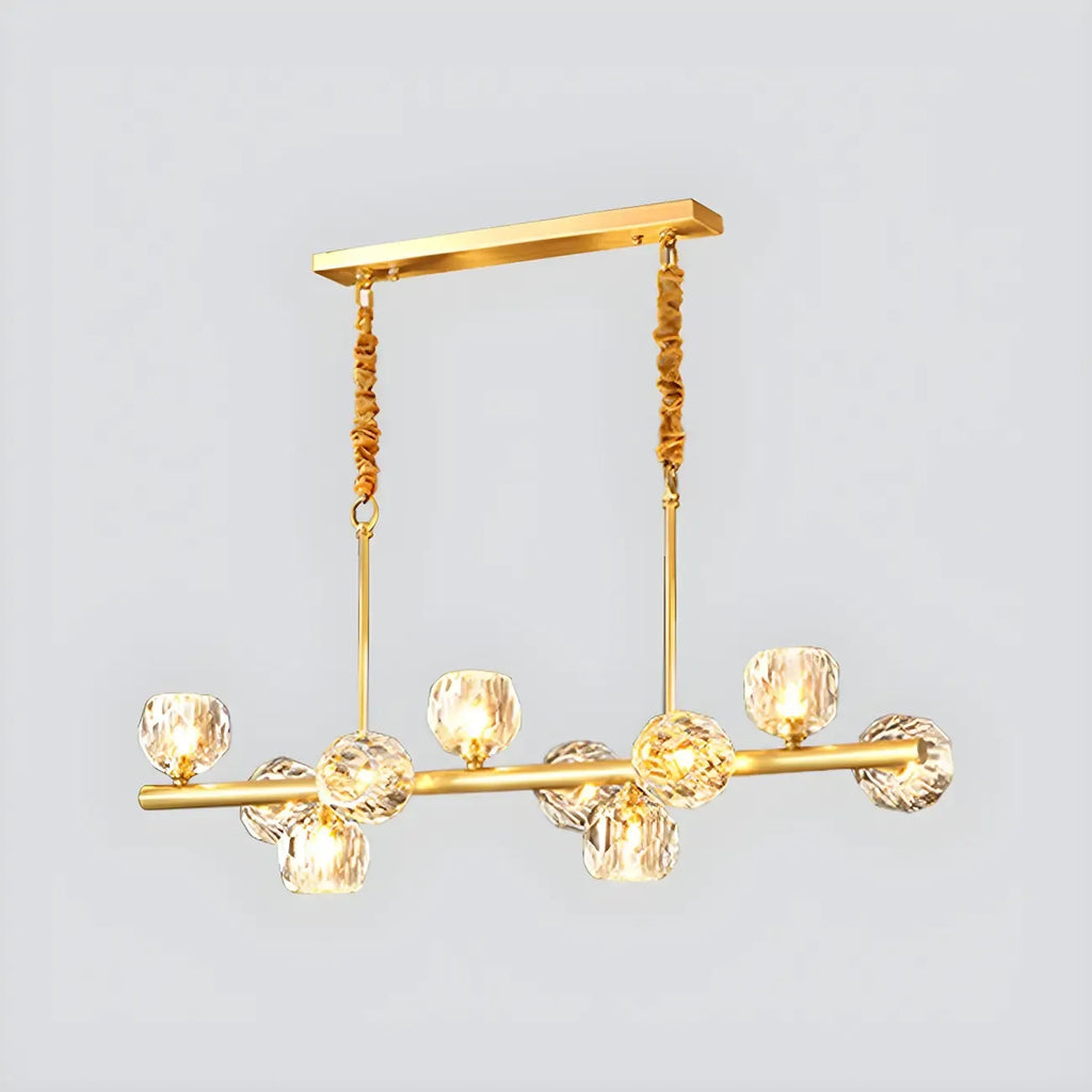 Grande suspension linéaire en métal et cristal doré pour cuisine