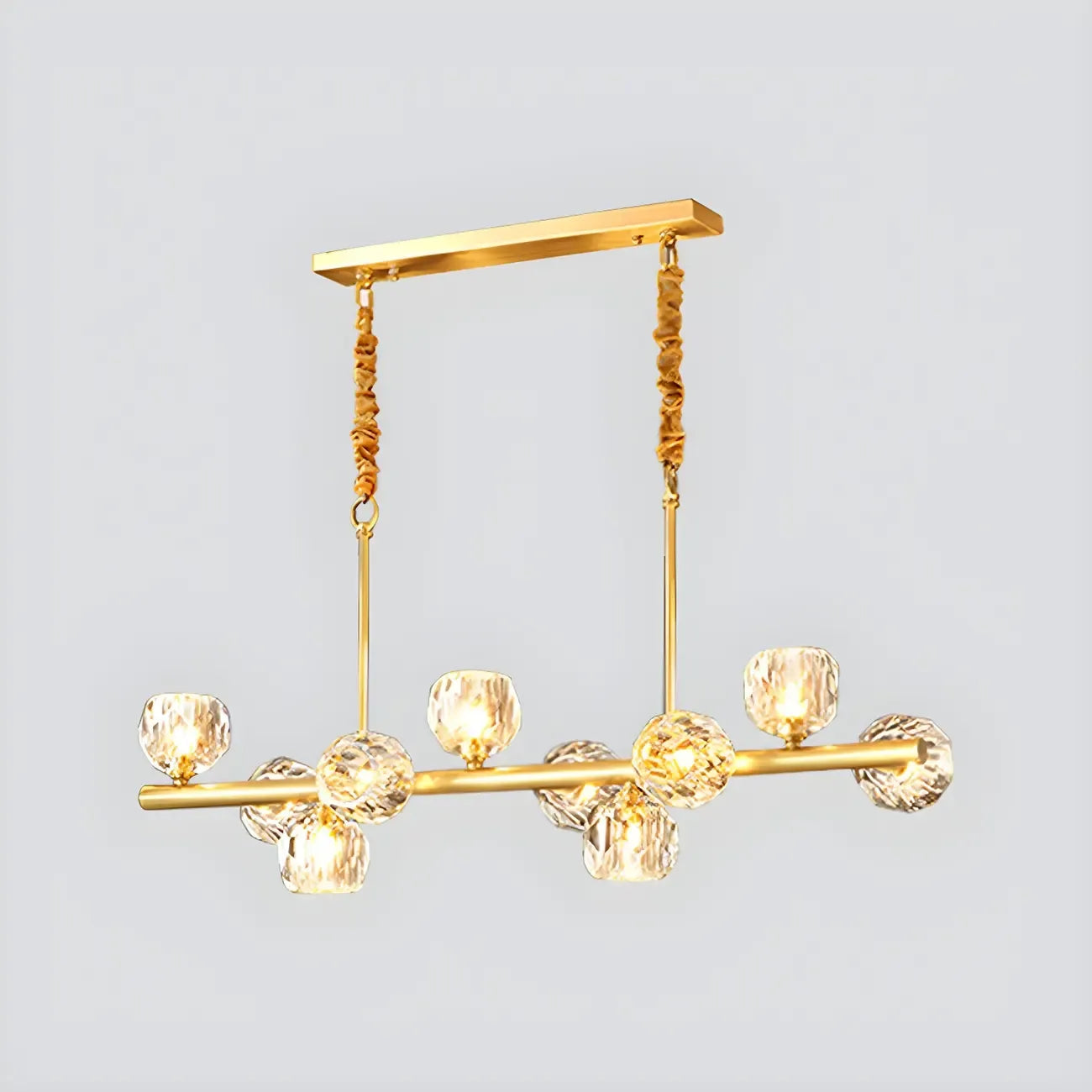 Grande suspension linéaire en métal et cristal doré pour cuisine