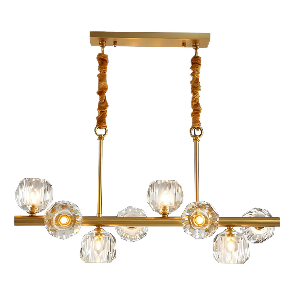 Grande suspension linéaire en métal et cristal doré pour cuisine