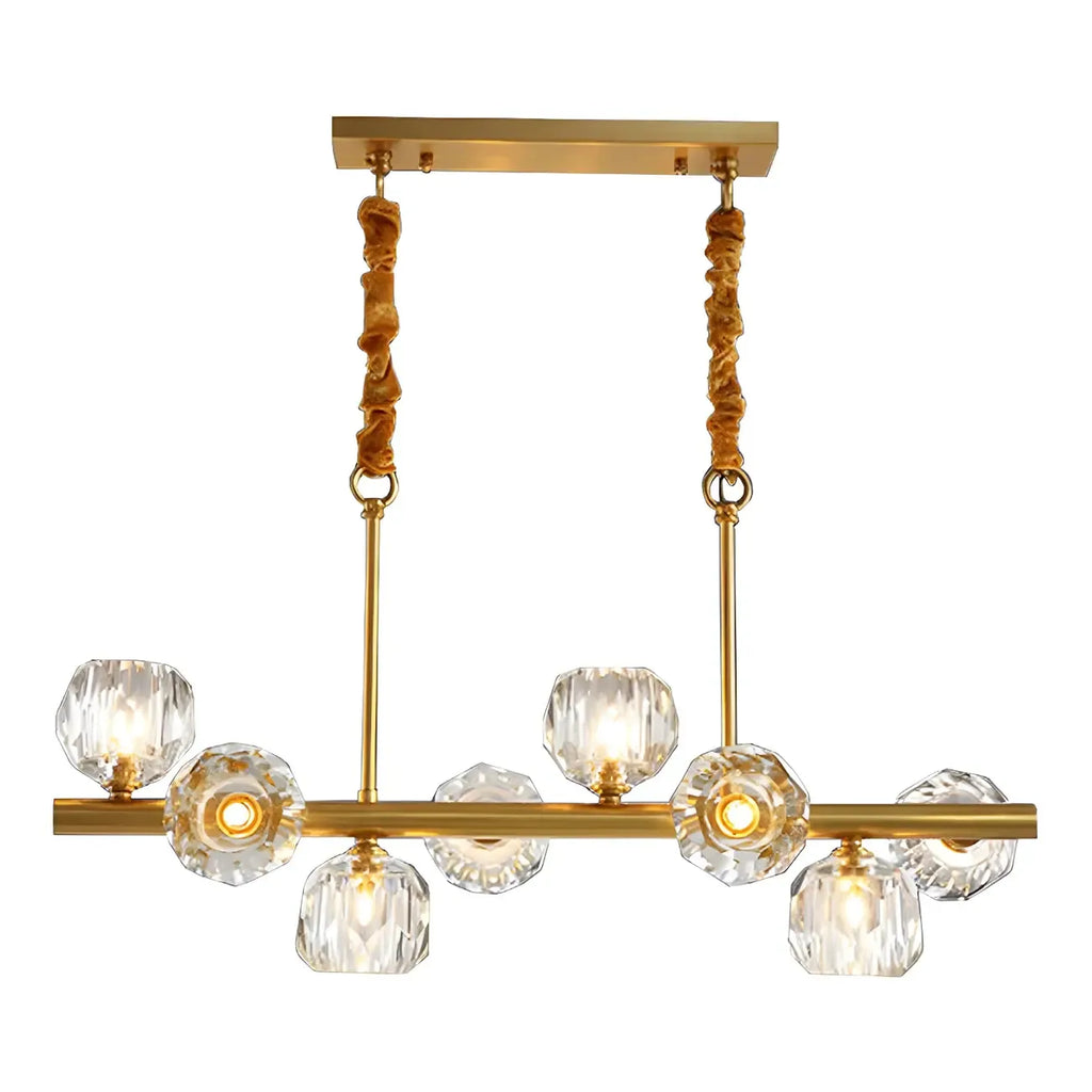 Grande suspension linéaire en métal et cristal doré pour cuisine