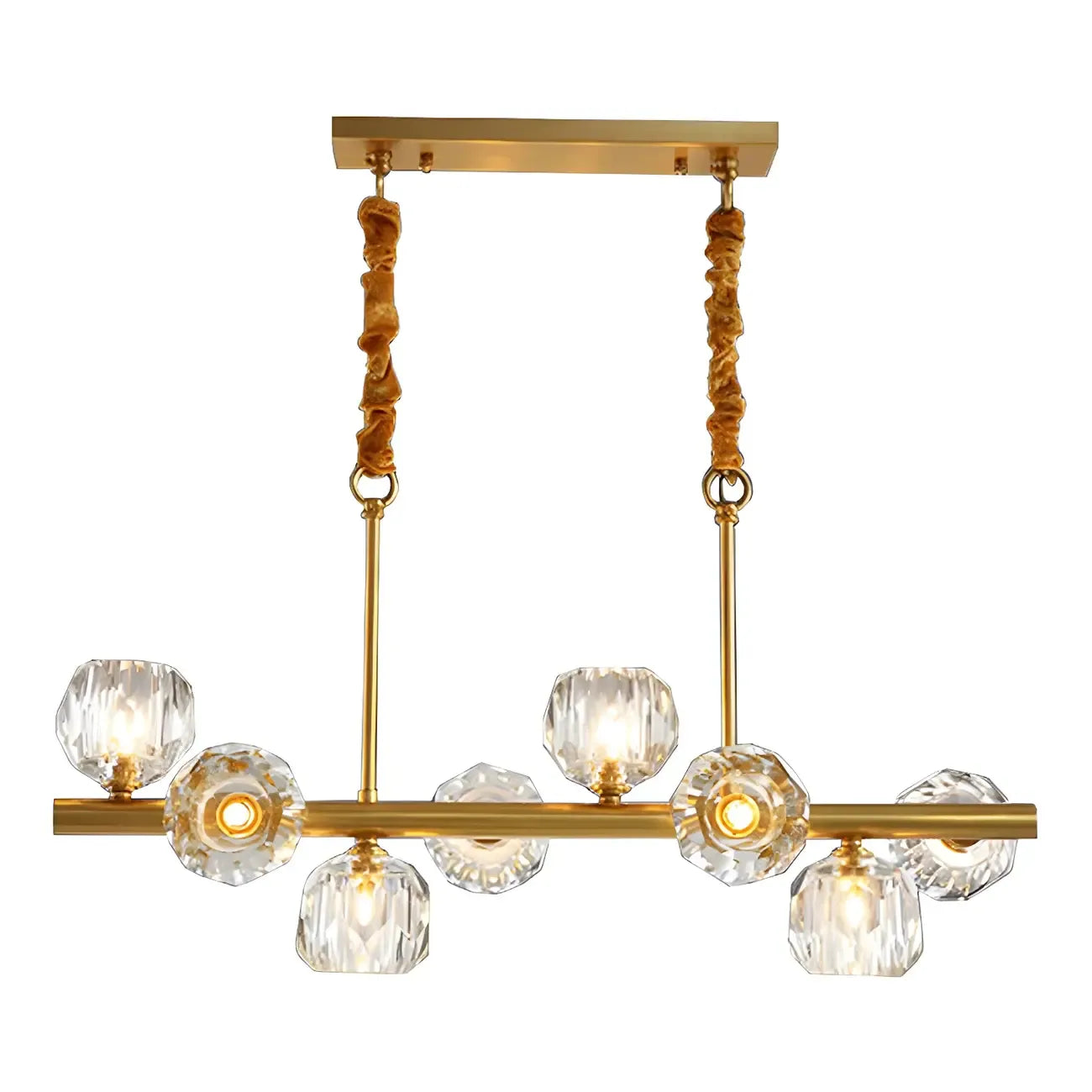 Grande suspension linéaire en métal et cristal doré pour cuisine