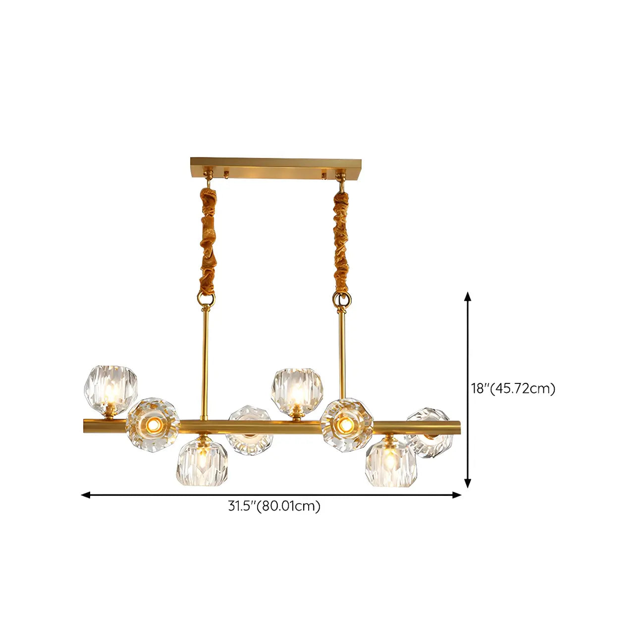 Grande suspension linéaire en métal et cristal doré pour cuisine
