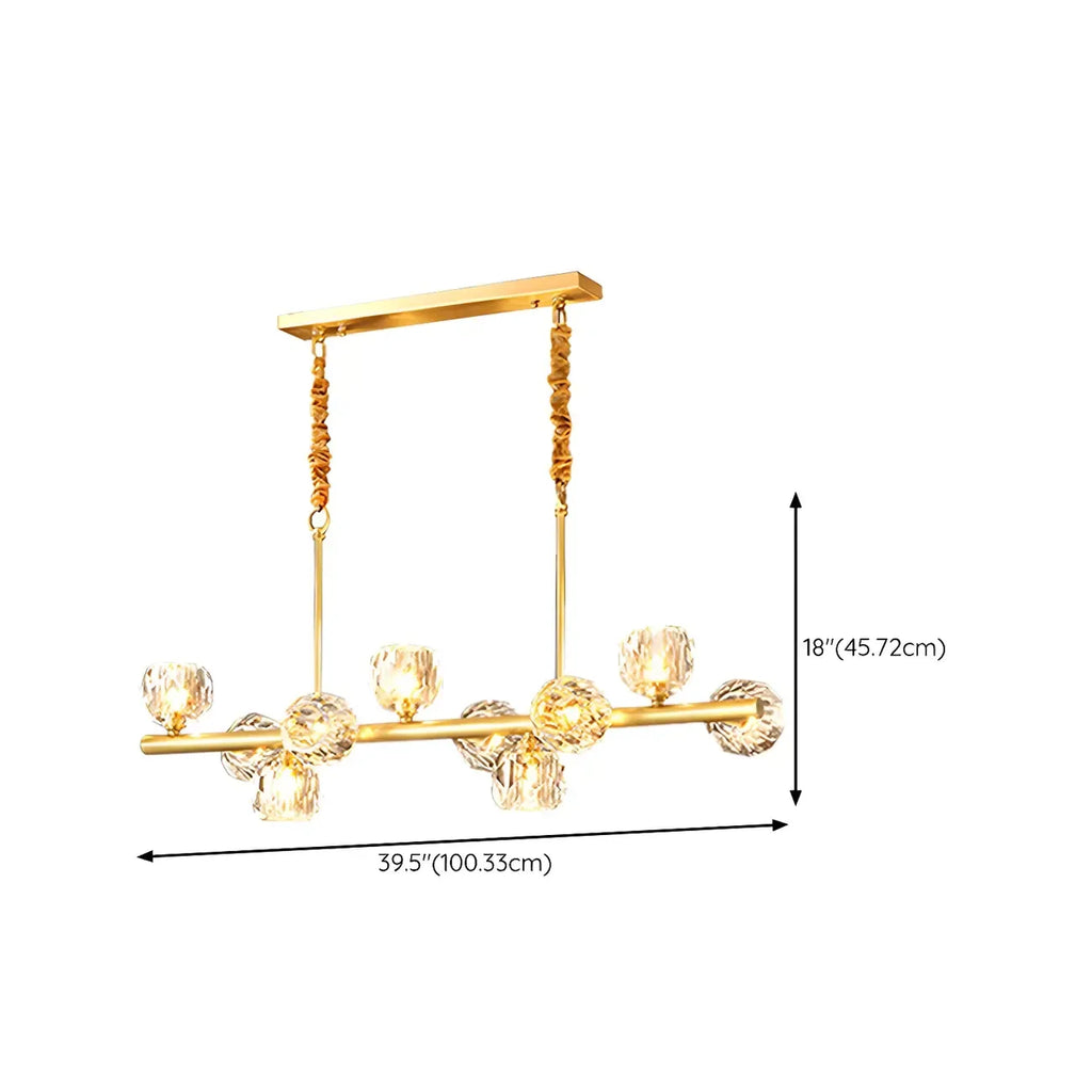 Grande suspension linéaire en métal et cristal doré pour cuisine