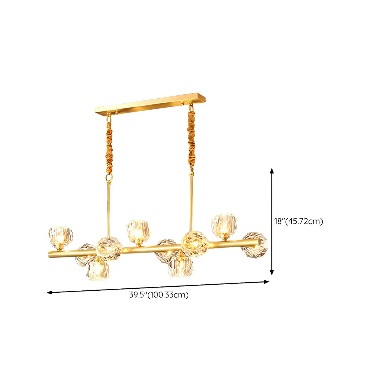 Grande suspension linéaire en métal et cristal doré pour cuisine