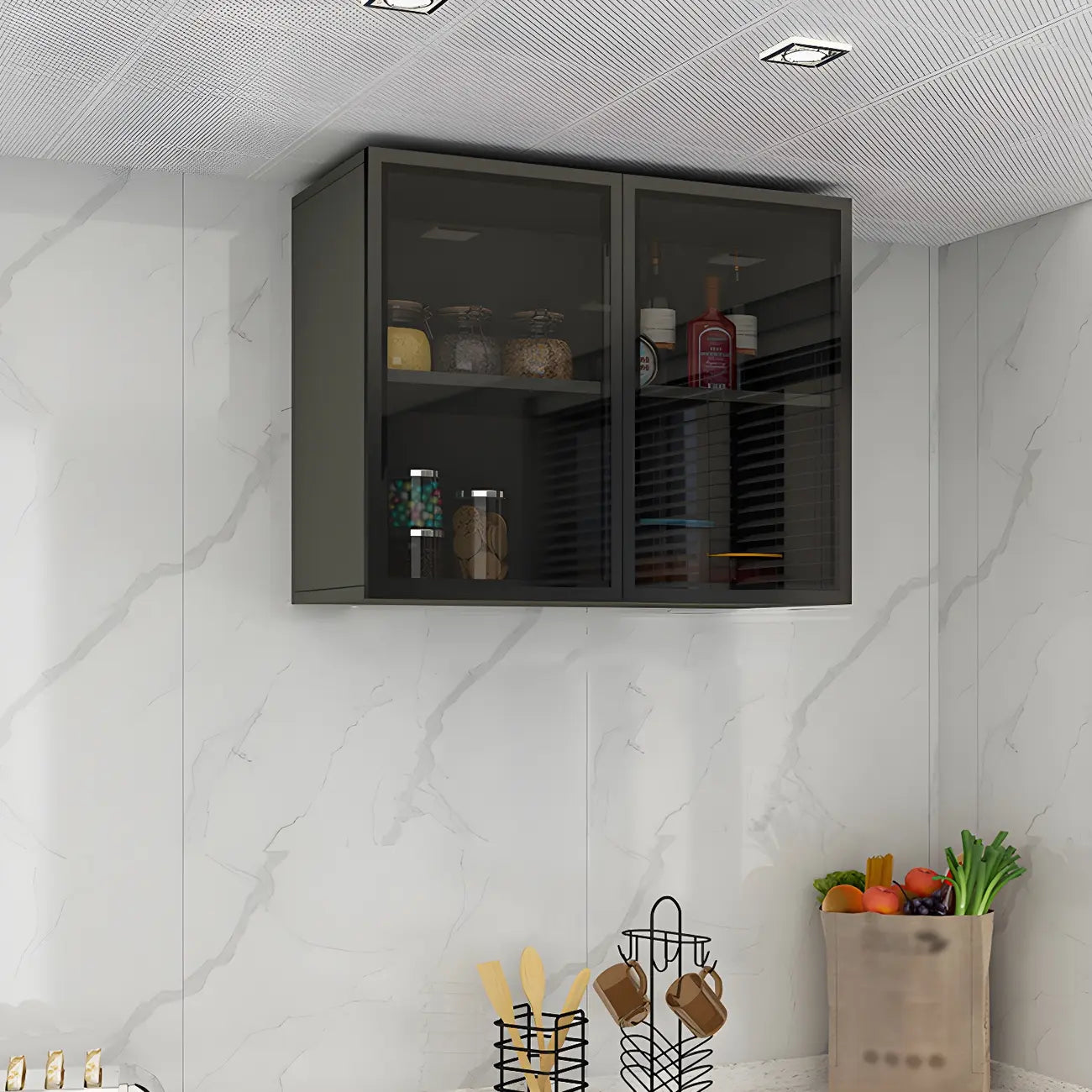 Vitrine de cuisine suspendue en bois gris avec porte vitrée