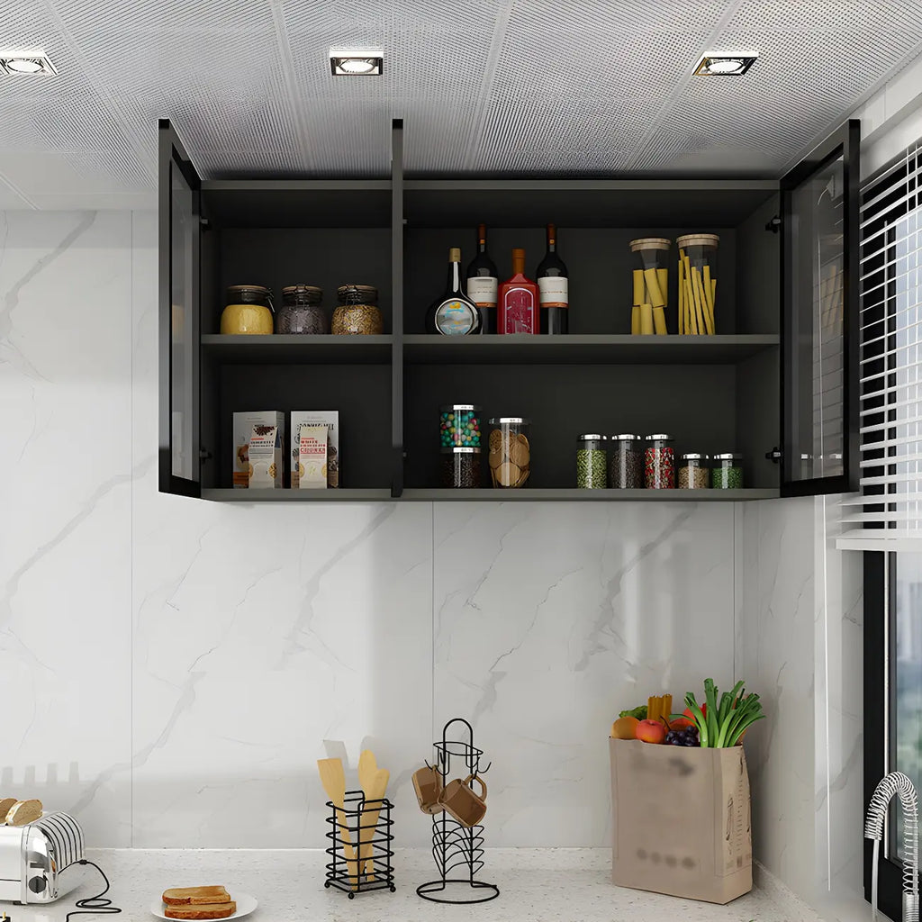 Vitrine de cuisine suspendue en bois gris avec porte vitrée