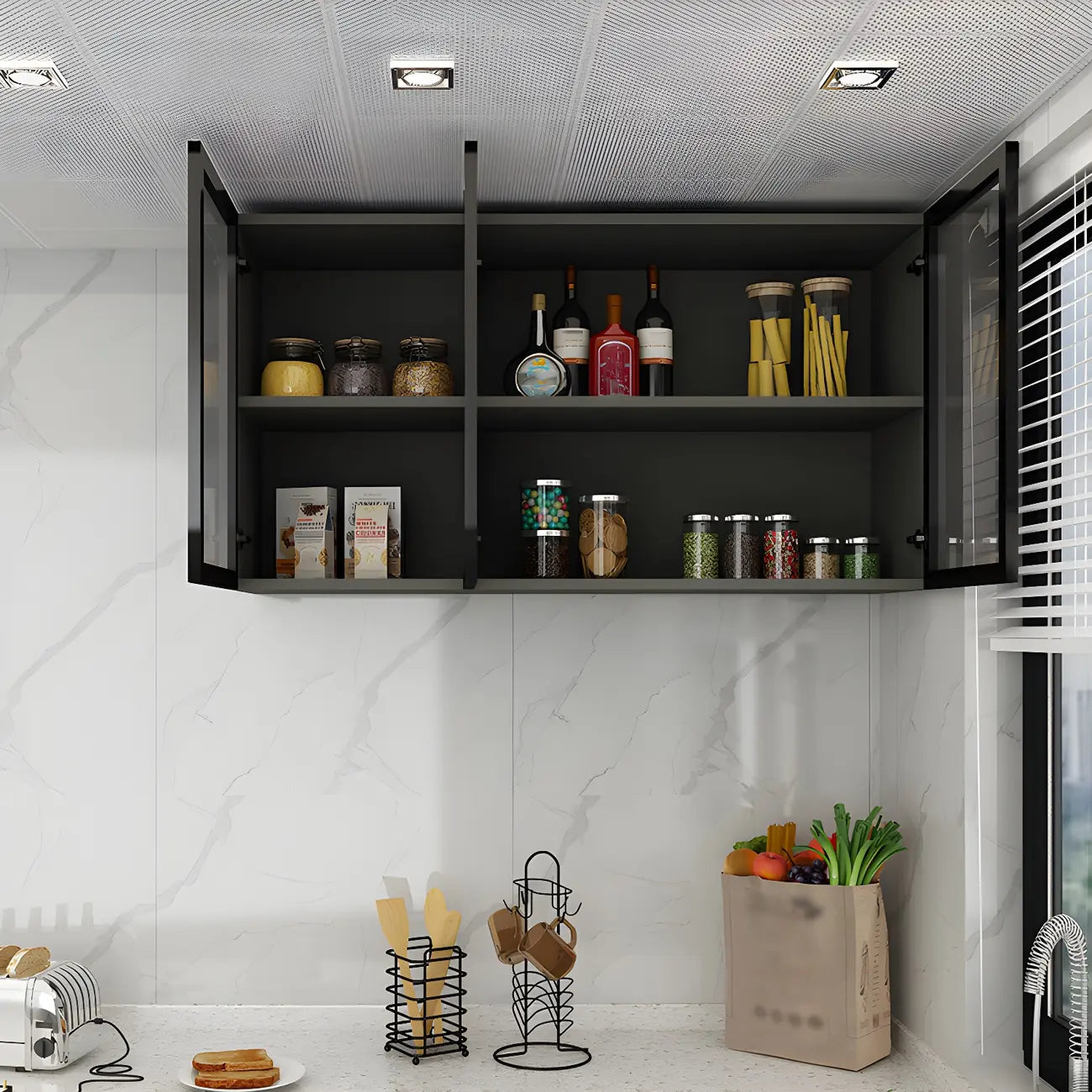 Vitrine de cuisine suspendue en bois gris avec porte vitrée