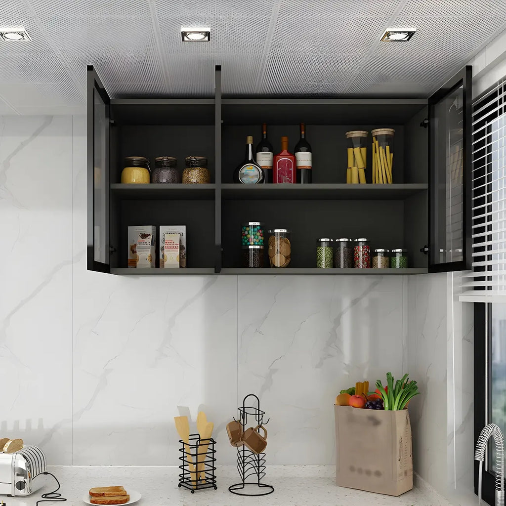 Vitrine de cuisine suspendue en bois gris avec porte vitrée