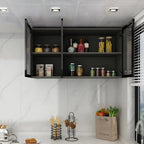 Vitrine de cuisine suspendue en bois gris avec porte vitrée