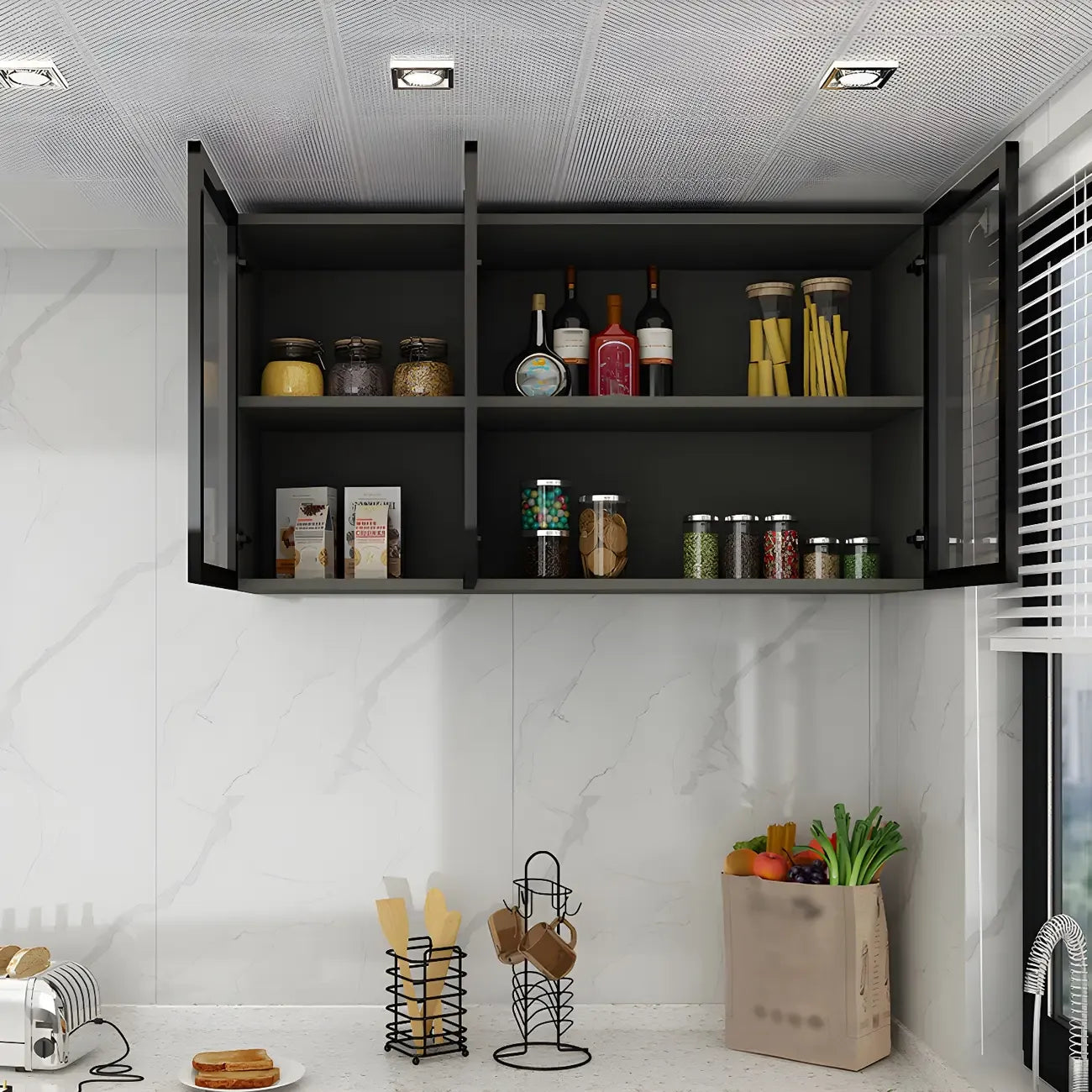 Vitrine de cuisine suspendue en bois gris avec porte vitrée