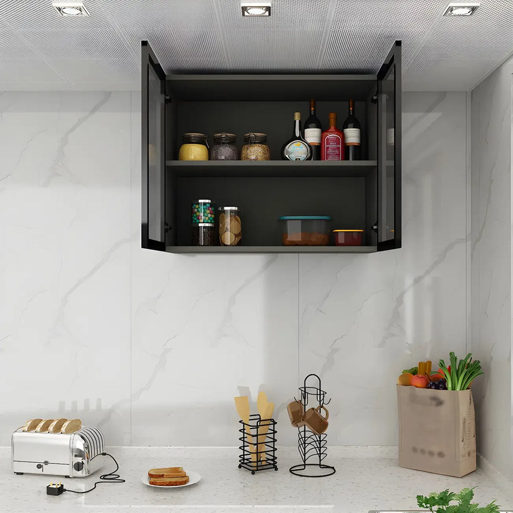 Vitrine de cuisine suspendue en bois gris avec porte vitrée