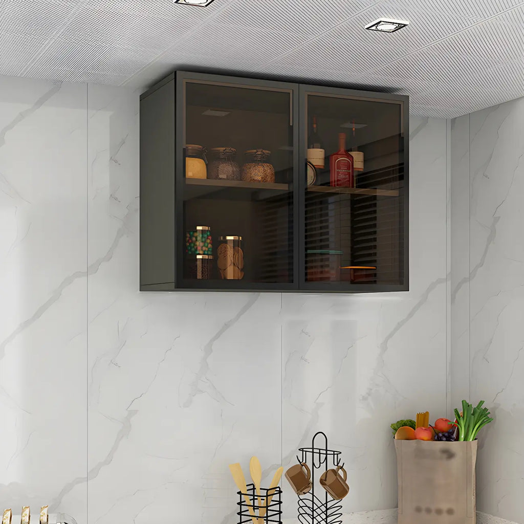 Vitrine de cuisine suspendue en bois gris avec porte vitrée