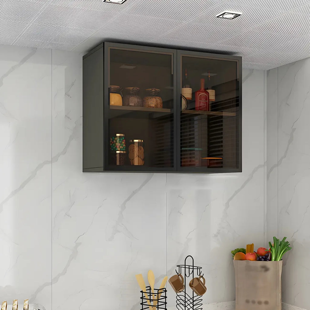 Vitrine de cuisine suspendue en bois gris avec porte vitrée
