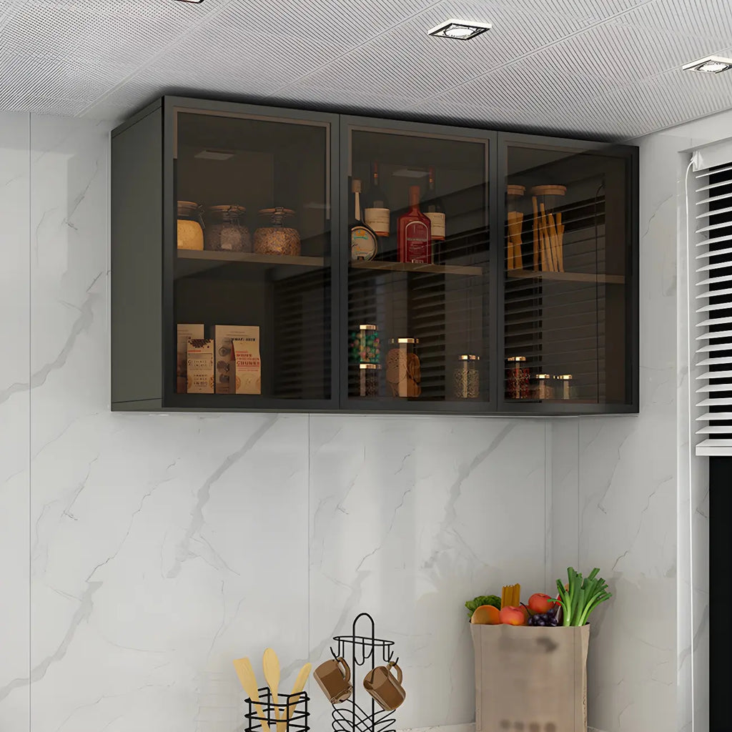 Vitrine de cuisine suspendue en bois gris avec porte vitrée